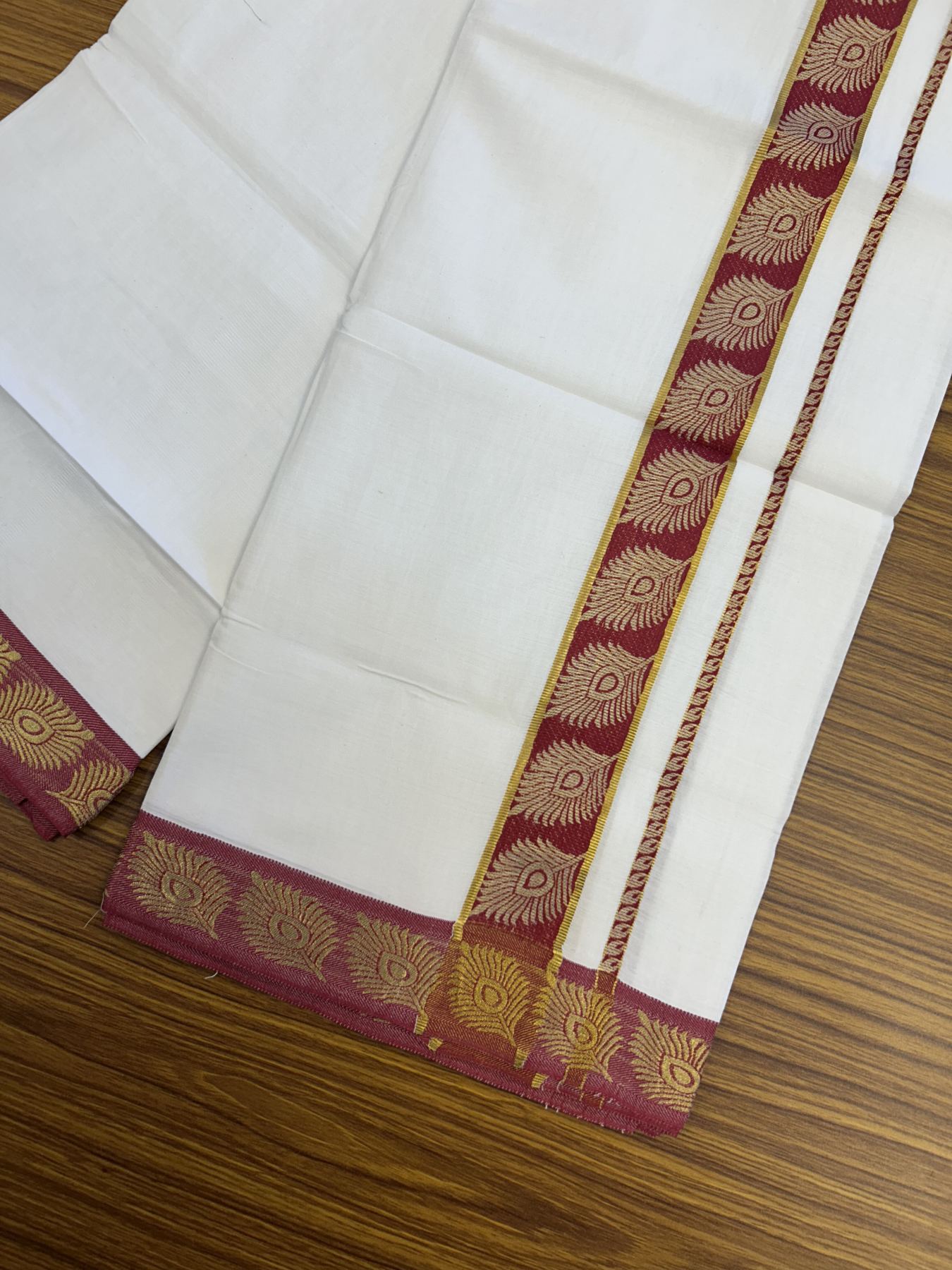 20% Discount ! KaithariKada Balaramapuram 100% Cotton Single Pure White Mundu/Dhoti - 30X70 - 1.5 inch Gold Kasav & Maroon Peacock Feather Jacquard Design kara 1.90 mtr (4 Muzham) - 2 KK5321 CJT