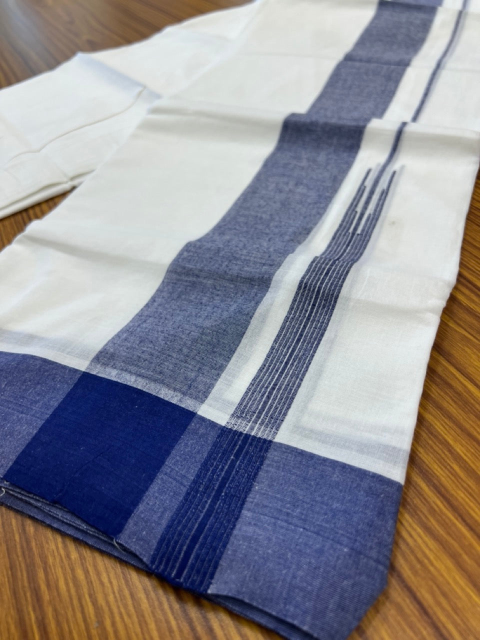 20% Discount! KaithariKada Balaramapuram 100% Cotton Double Pure white Mundu/Dhoti- 60s - 2.25 inch Navy Blue One Side Chutty kara - 3.90mtr ( 8 muzham) - 79 KK5279 CKS