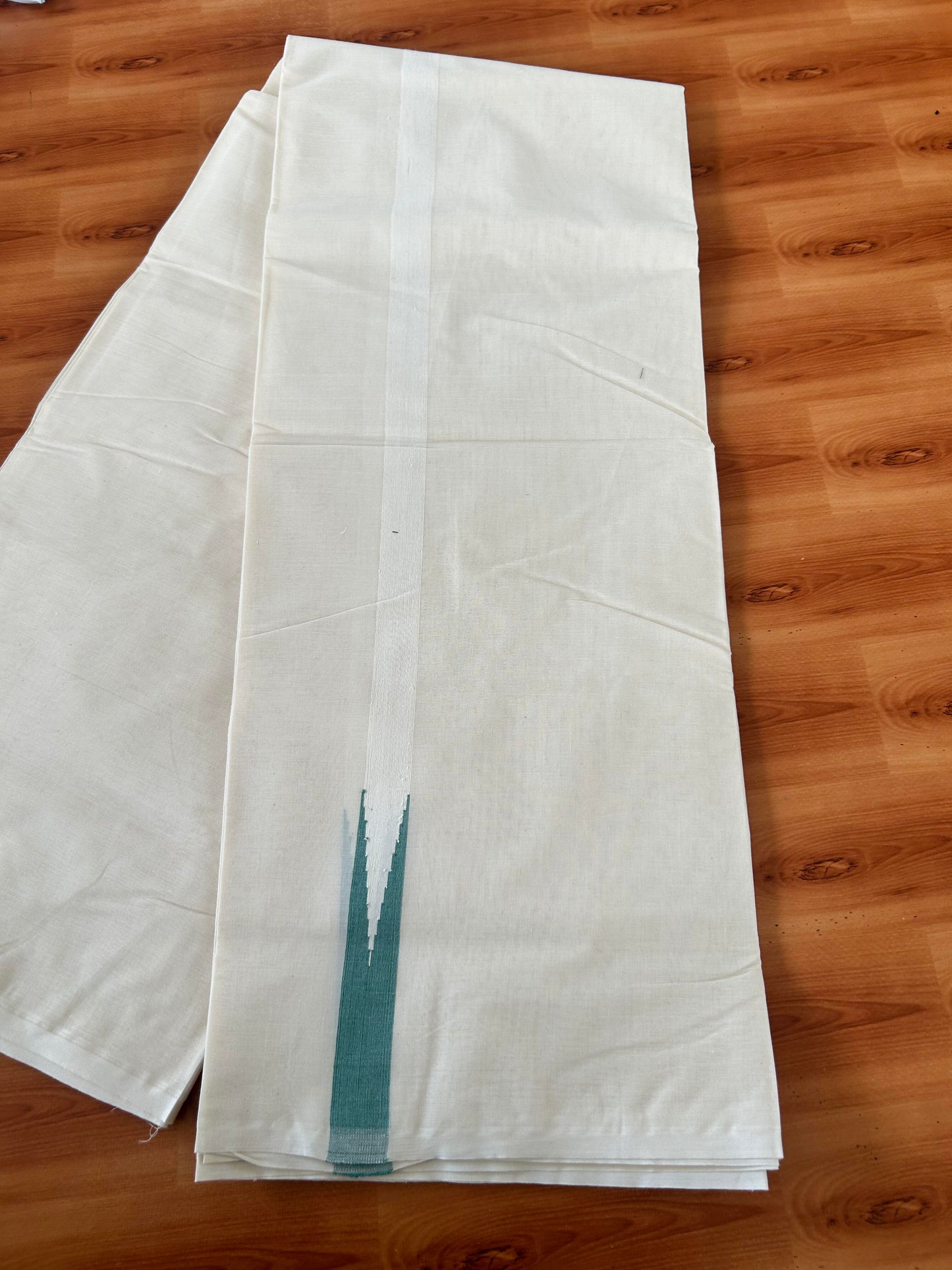 Double Off white Mundu/Dhoti - 20% Discount! KaithariKada Balaramapuram 100% Cotton - 100x100 - 1 inch Puliyilakkara Teal Blue Chutty Kara - 4 mtr (8.5 muzham) - 17 KK5420 ASH