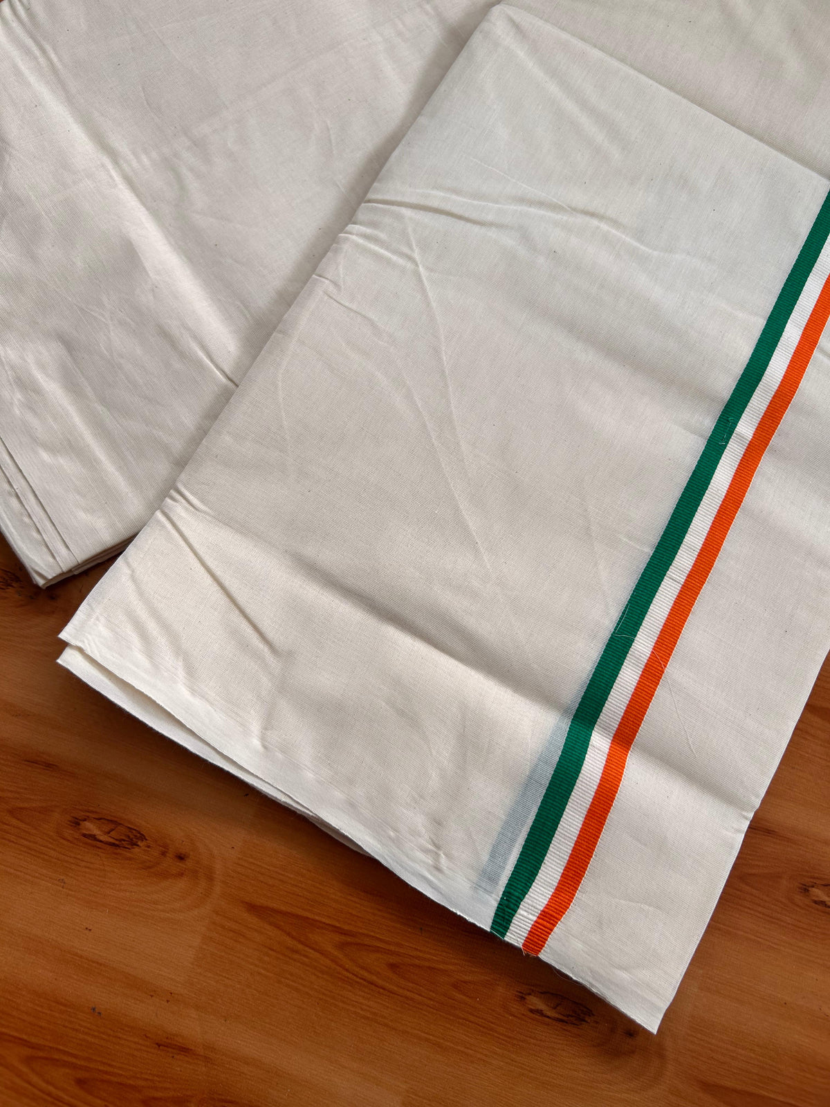 Congress Veshti - 20% Discount! KaithariKada Pulimood 100% Cotton Off White Double - (Unbleached) Mundu/Dhoti - 100X100 - 0.75 inch Orange White & Green Kara - 4Mtr (8.5 muzham) - 2 KK5539 ASH