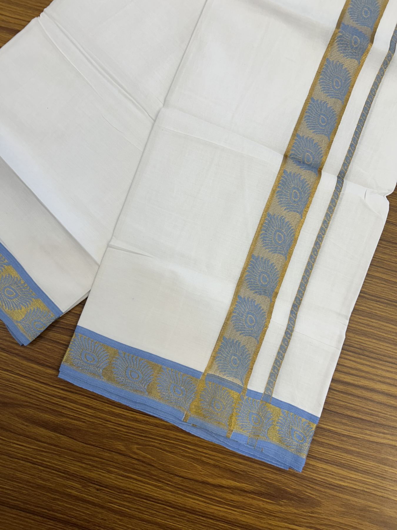 20% Discount ! KaithariKada Balaramapuram 100% Cotton Single Pure White Mundu/Dhoti - 30X70 - 1.5 inch Gold Kasav & Light Blue Peacock Feather Jacquard Design kara 1.90 mtr (4 Muzham) - 4 KK5321 CJT