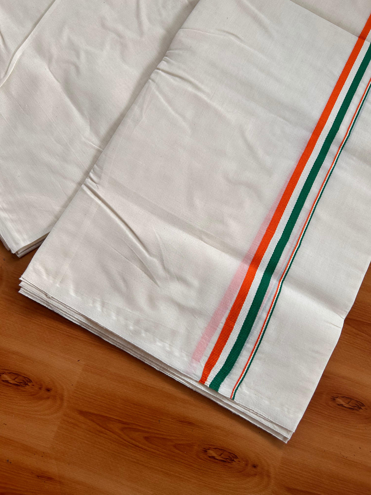 Congress Veshti - 20% Discount! KaithariKada Pulimood 100% Cotton Off White Double - (Unbleached) Mundu/Dhoti - 100X100 - 0.75 inch Orange White & Green Kara - 4Mtr (8.5 muzham) - 3 KK5539 ASH