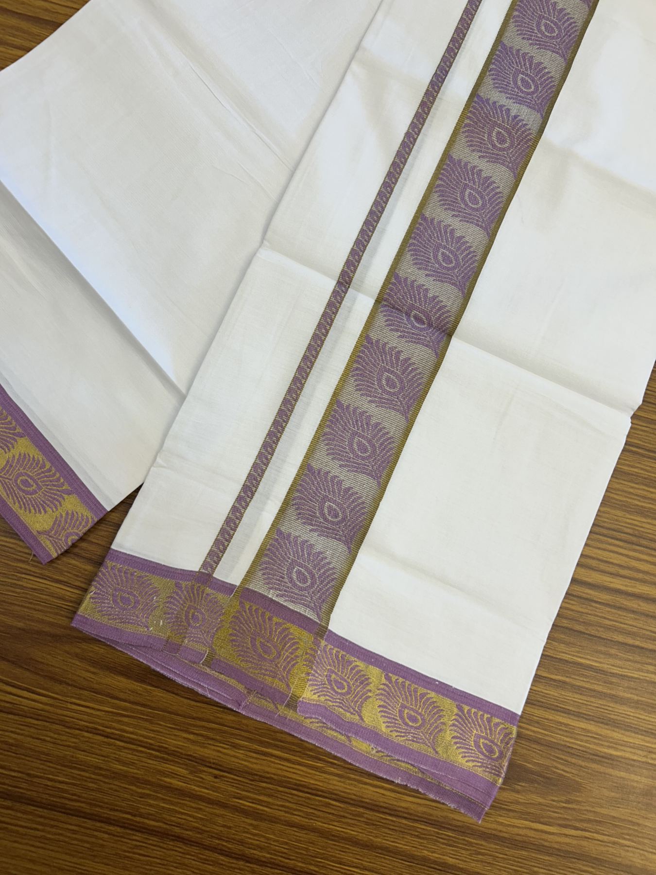 20% Discount ! KaithariKada Balaramapuram 100% Cotton Single Pure White Mundu/Dhoti - 30X70 - 1.5 inch Gold Kasav & Lavender Magenta Peacock Feather Jacquard Design kara 1.90 mtr (4 Muzham) - 6 KK5321 CJT