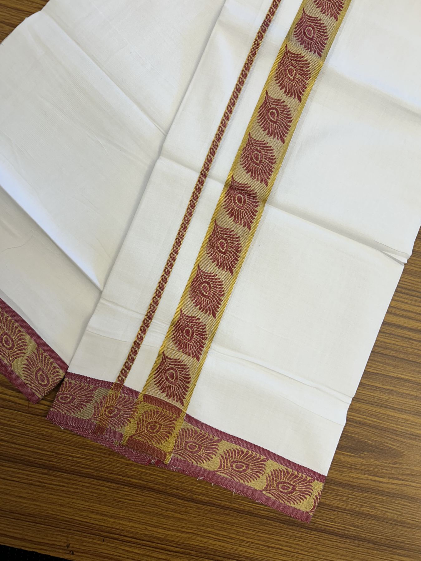 20% Discount ! KaithariKada Balaramapuram 100% Cotton Single Pure White Mundu/Dhoti - 30X70 - 1.5 inch Gold Kasav & Maroon Peacock Feather Jacquard Design kara 1.90 mtr (4 Muzham) - 7 KK5321 CJT