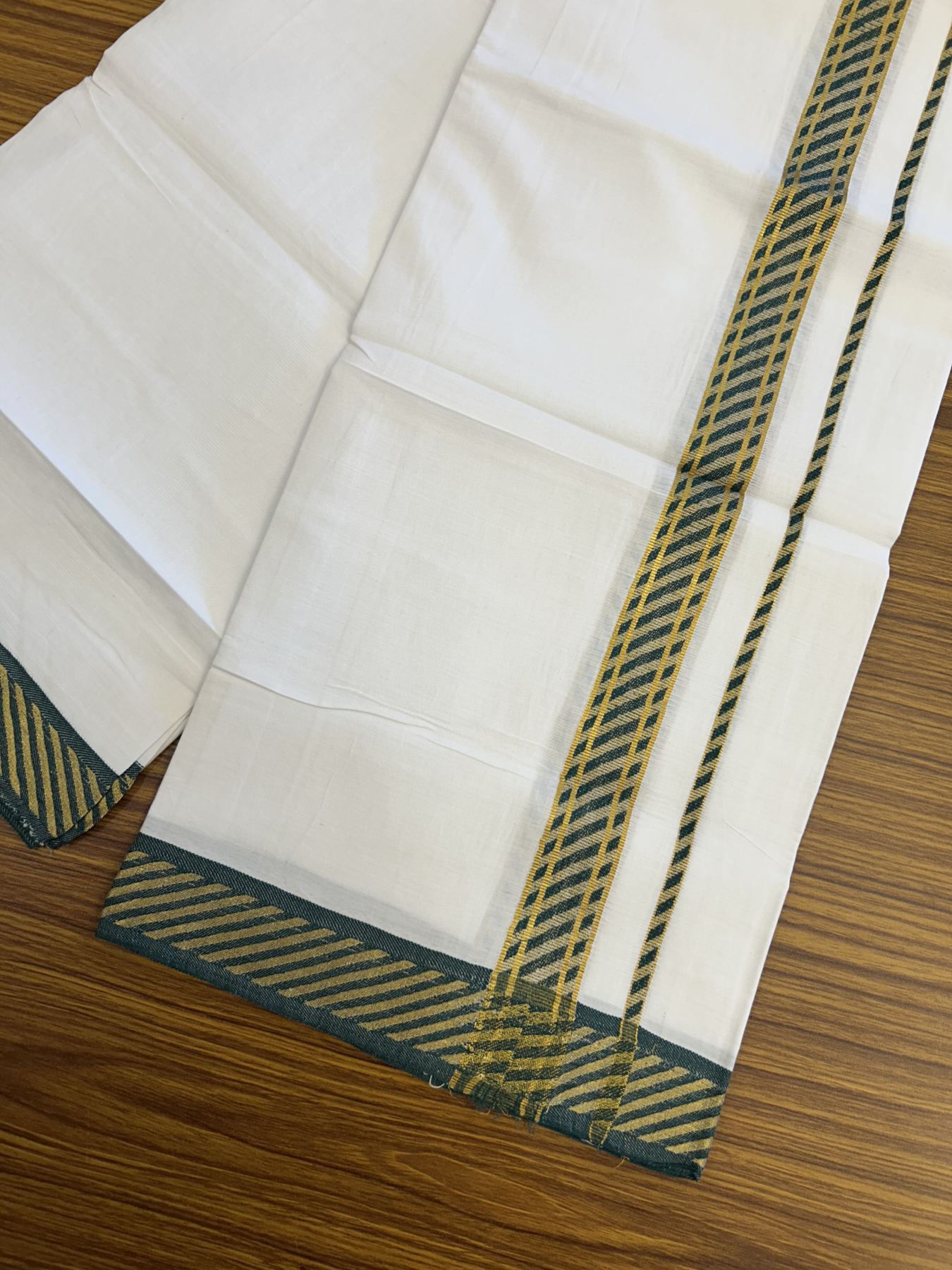 20% Discount ! KaithariKada Balaramapuram 100% Pure Cotton Single Pure White Mundu/Dhoti - 30X70 - 1 inch Gold Kasav & Green Jacquard Design kara 1.90 mtr (4 Muzham) - 9 KK5321 CJT