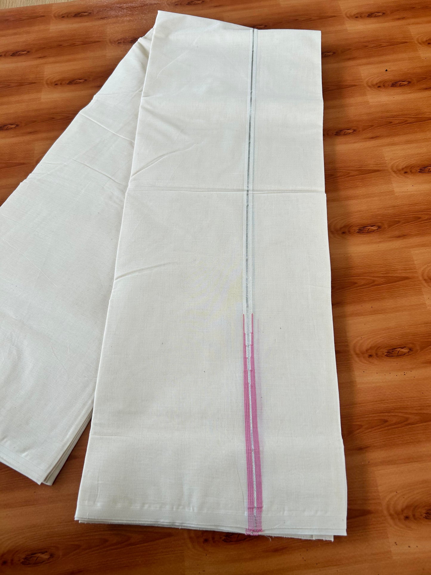 20% Discount! KaithariKada Balaramapuram 100% Cotton Off White Double (Unbleached) Mundu/Dhoti-100x100 - 1 cm Puliyilakkara Silver Kasav & Pink Chutty Kara - 3.70mtr (7.93 muzham ) - 6 KK5420 ASH