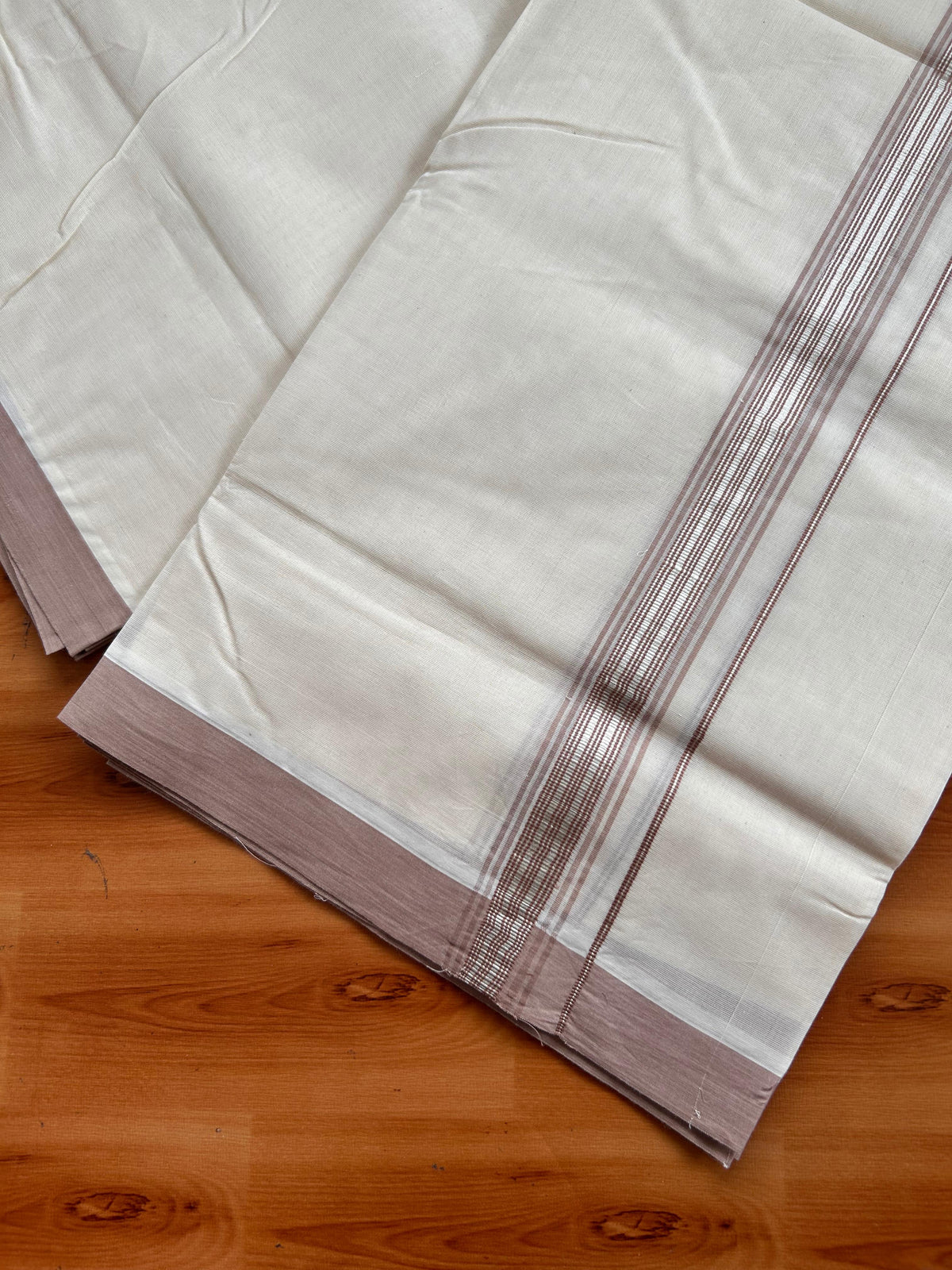 20% Discount ! KaithariKada 100% Cotton Off White (Unbleached) Double Dhoti/Mundu- 100X100 - 1.25 inch Silver Kasav & Light Brown Shaded Striped Kara 4.50 Meters (10 Muzham) - 10 KK5539 ASH