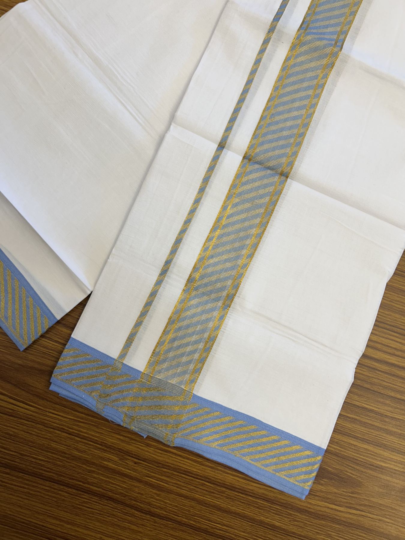 20% Discount ! KaithariKada Balaramapuram 100% Pure Cotton Single Pure White Mundu/Dhoti - 30X70 - 1.5 inch Gold Kasav & Light Blue Jacquard Design kara 1.90 mtr (4 Muzham) - 13 KK5321 CJT