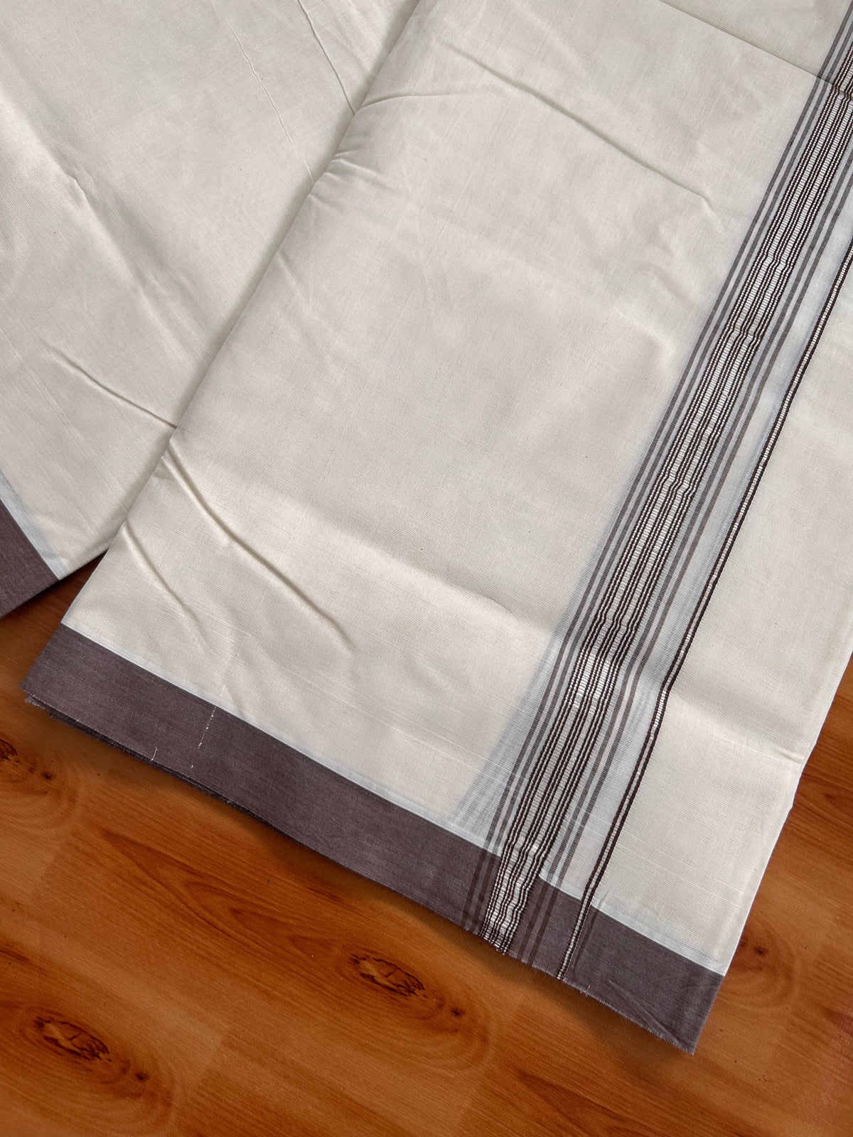 20% Discount ! KaithariKada 100% Cotton Off White (Unbleached) Double Dhoti/Mundu- 100X100 - 1.25 inch Silver Kasav & Brown Shaded Striped Kara 4.50 Meters (10 Muzham) - 12 KK5539 ASH
