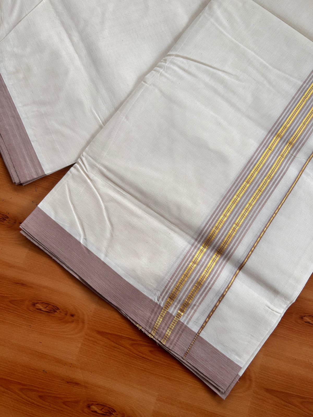 20% Discount ! KaithariKada 100% Cotton Off White (Unbleached) Double Dhoti/Mundu- 100X100 - 1.25 inch Gold Kasav & Light Brown Shaded Striped Kara 4.50 Meters (10 Muzham) - 13 KK5539 ASH