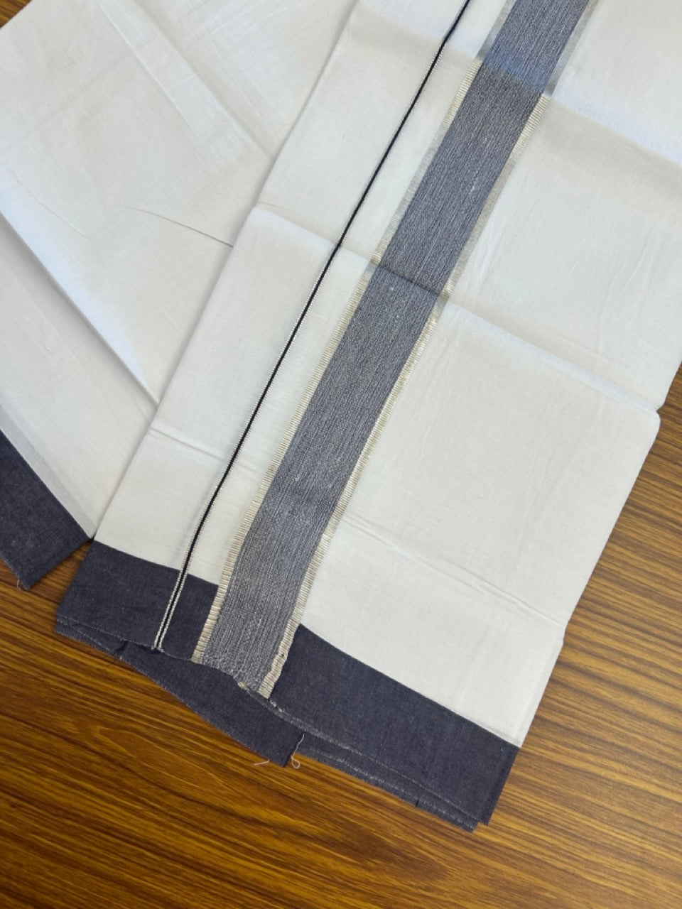 Kaitharikada - Balaramapuram 100% Pure Cotton South Indian Kids Pure White Mundu/Dhoti - 100x80 - 1.5 inch Silver Kasav & Navy Blue Shaded Kara 1.80 mtr (4 Muzham) - 13 KK5287 PMC