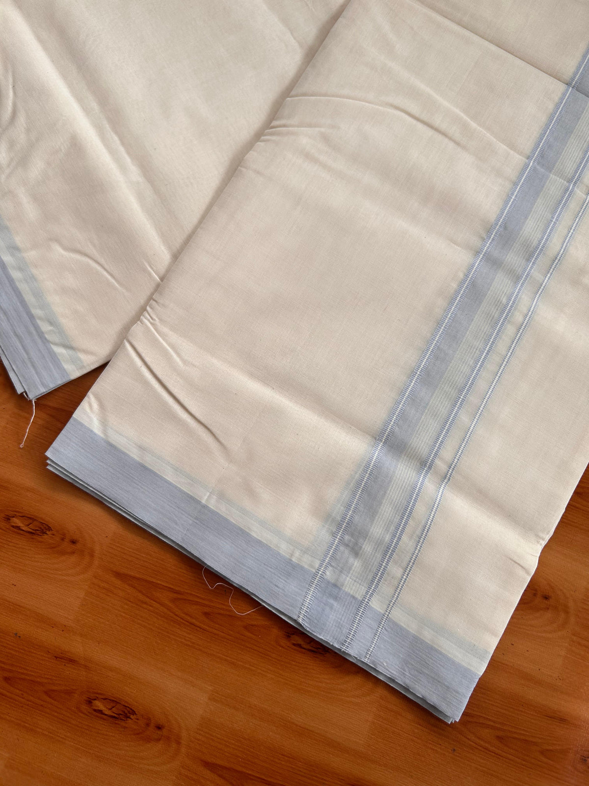 20% Discount ! KaithariKada 100% Cotton Off White (Unbleached) Double Dhoti/Mundu- 100X100 - 1.5 inch Light Blue Shaded Striped Kara 4.50 Meters (10 Muzham) - 15 KK5539 ASH