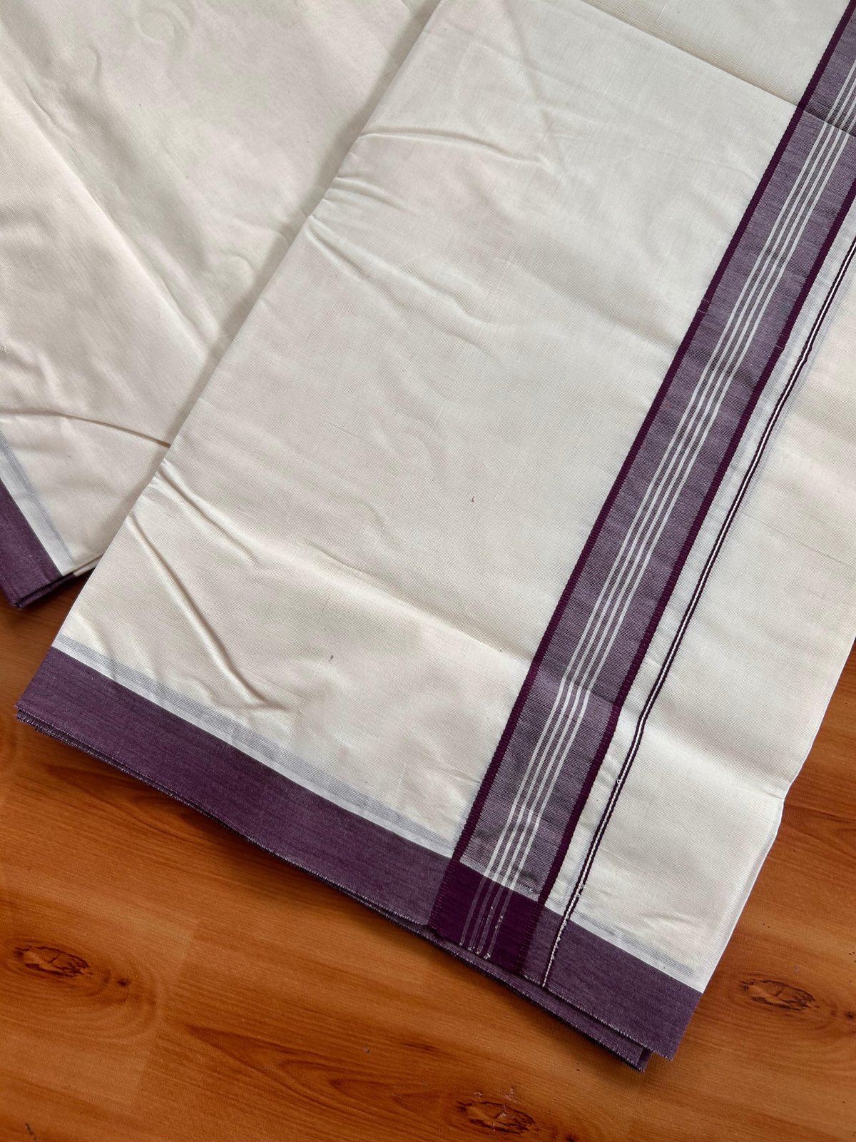 20% Discount ! KaithariKada 100% Cotton Off White (Unbleached) Double Dhoti/Mundu- 100X100 - 1.5 inch Wine Purple Shaded Striped Kara 4.50 Meters (10 Muzham) - 16 KK5539 ASH