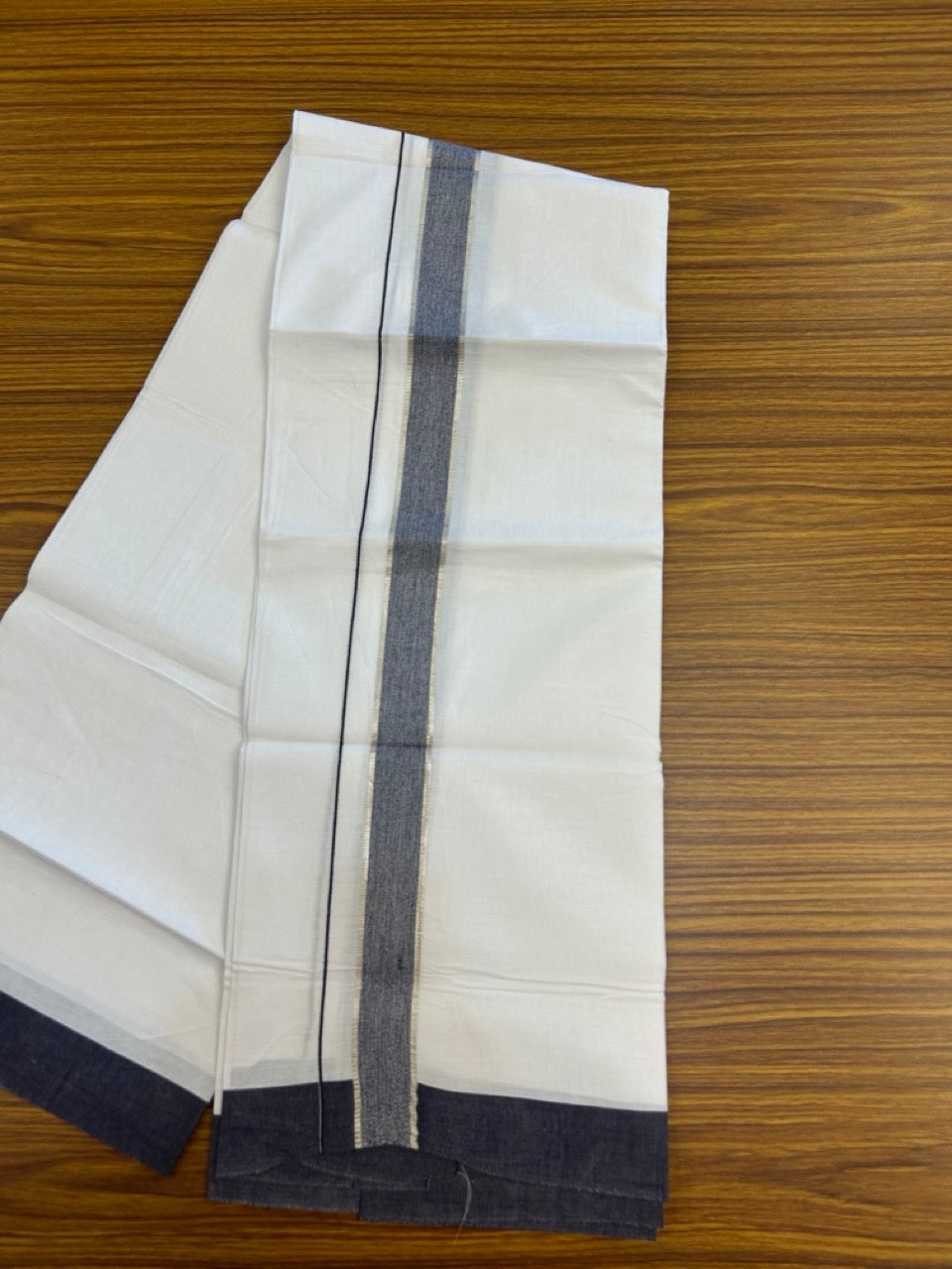 Kaitharikada - Balaramapuram 100% Pure Cotton South Indian Kids Pure White Mundu/Dhoti - 100x80 - 1.25 inch Silver Kasav & Navy Blue Shaded Kara 1.80 mtr (4 Muzham) - 10 KK5287 PMC