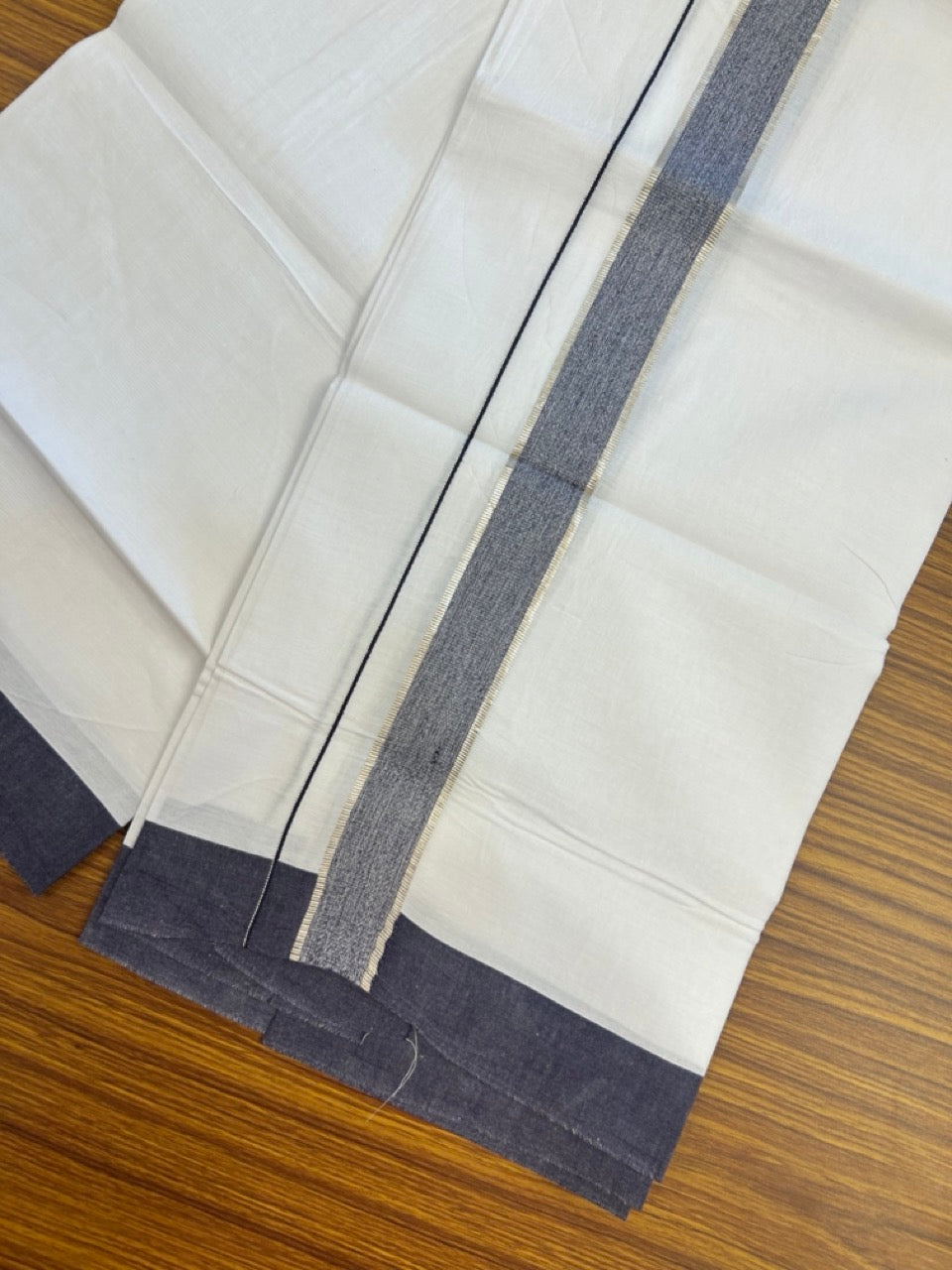 Kaitharikada - Balaramapuram 100% Pure Cotton South Indian Kids Pure White Mundu/Dhoti - 100x80 - 1.25 inch Silver Kasav & Navy Blue Shaded Kara 1.80 mtr (4 Muzham) - 10 KK5287 PMC