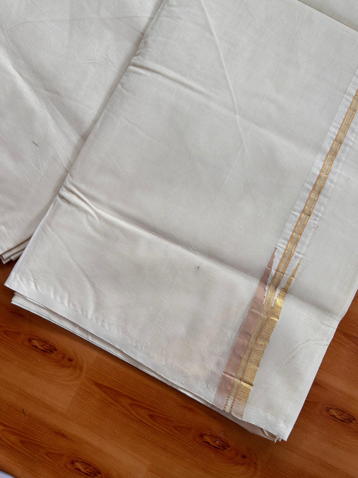 20% Discount ! KaithariKada 100% Cotton Off White (Unbleached) Double Dhoti/Mundu- 100X100 - 1 inch Puliyilakkara Gold Kasav & Peach Brown Chutty Kara 4.50 Meters (10 Muzham) - 18 KK5539 ASH