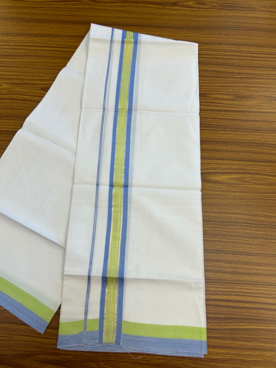 19% Discount!! KaithariKada Balaramapuram 100% Cotton Single Pure White Mundu/Dhoti - 100X80 - 1.5 inch Silver Kasav Light Green & Light Blue Stripes kara 1.90 mtr (4 muzham) - 1 KK5287 PMC