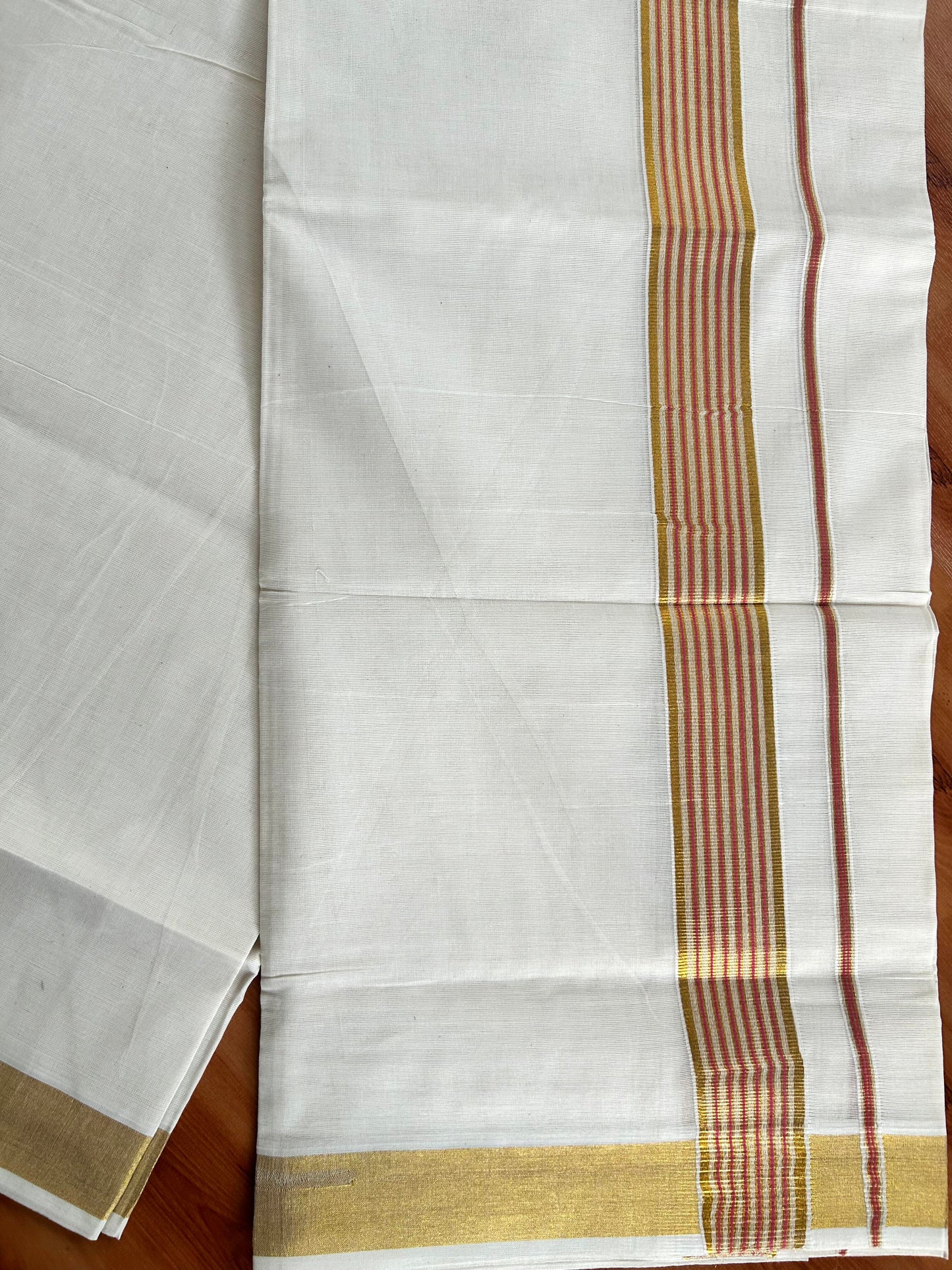 Double Off White Mundu/Dhoti -20% Discount! Kaitharikada Balaramapuram - 100x80 - 1.5 Inch Gold Kasav & Pink Stripes Kara 4 mtr (8.5 muzham) - 19 KK5417 VAS
