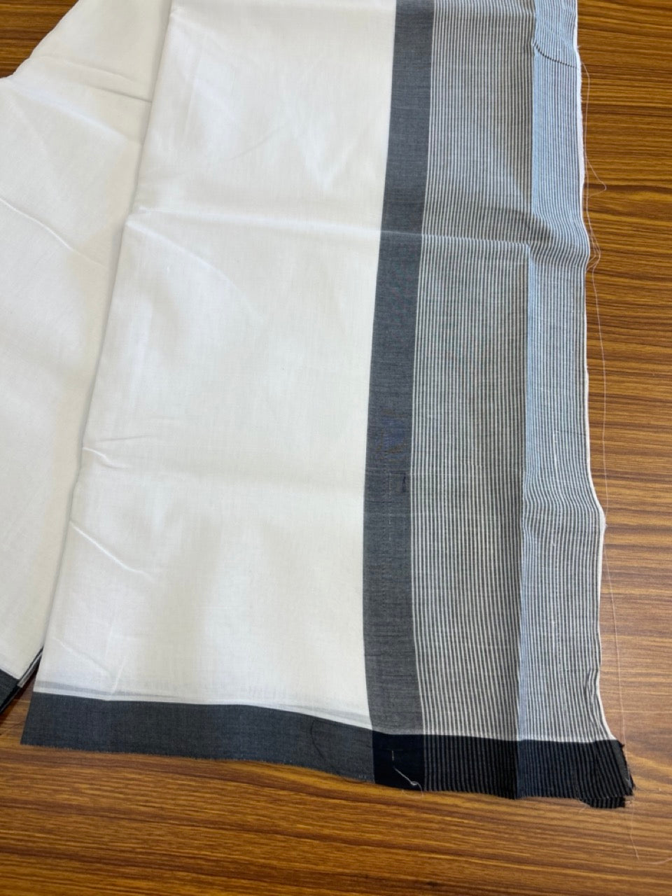 34% DISCOUNT!! KaithariKada Balaramapuram 100% Cotton PURE WHITE Double Mundu/Dhoti-100x100 - 5 inch Black & white striped kara - 27KK5043ASH