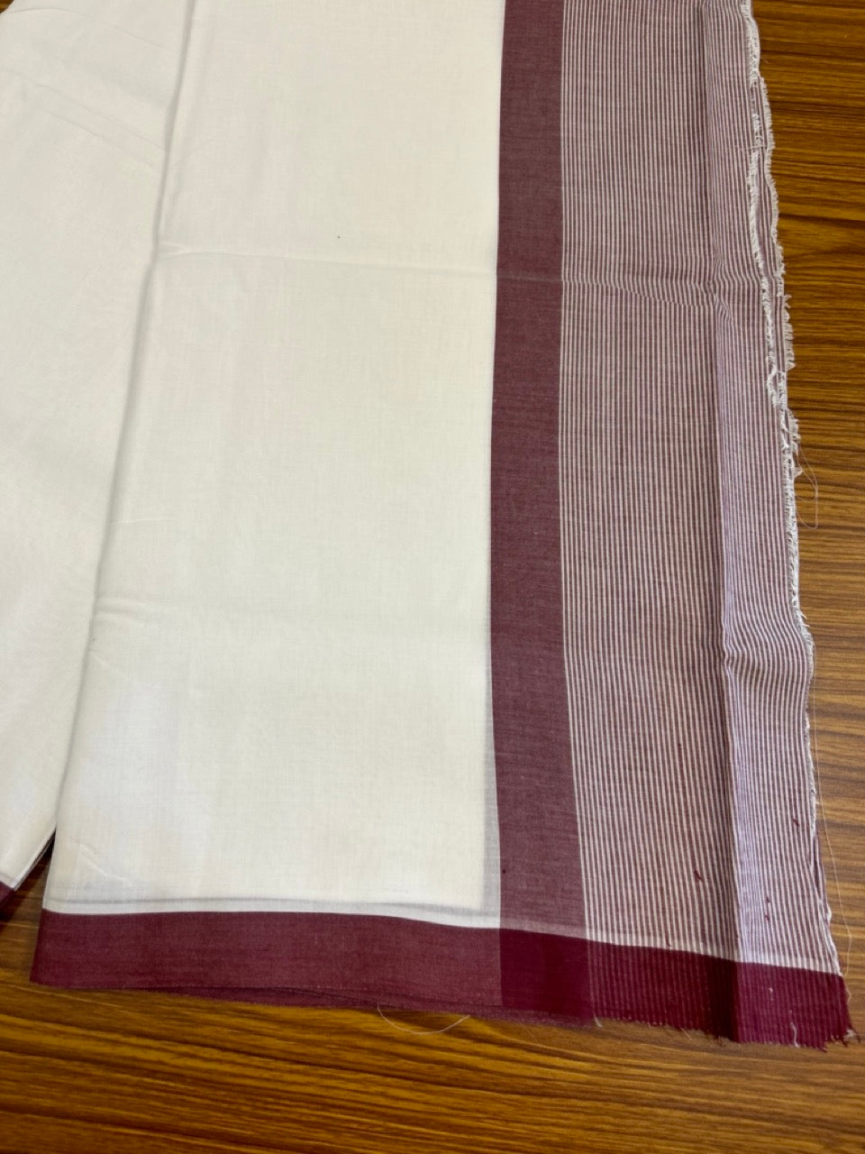 27% DISCOUNT!! KaithariKada Balaramapuram 100% Cotton PURE WHITE Double Mundu/Dhoti-100x100 - 4.5 inch Maroon & white striped kara - 28KK5043ASH