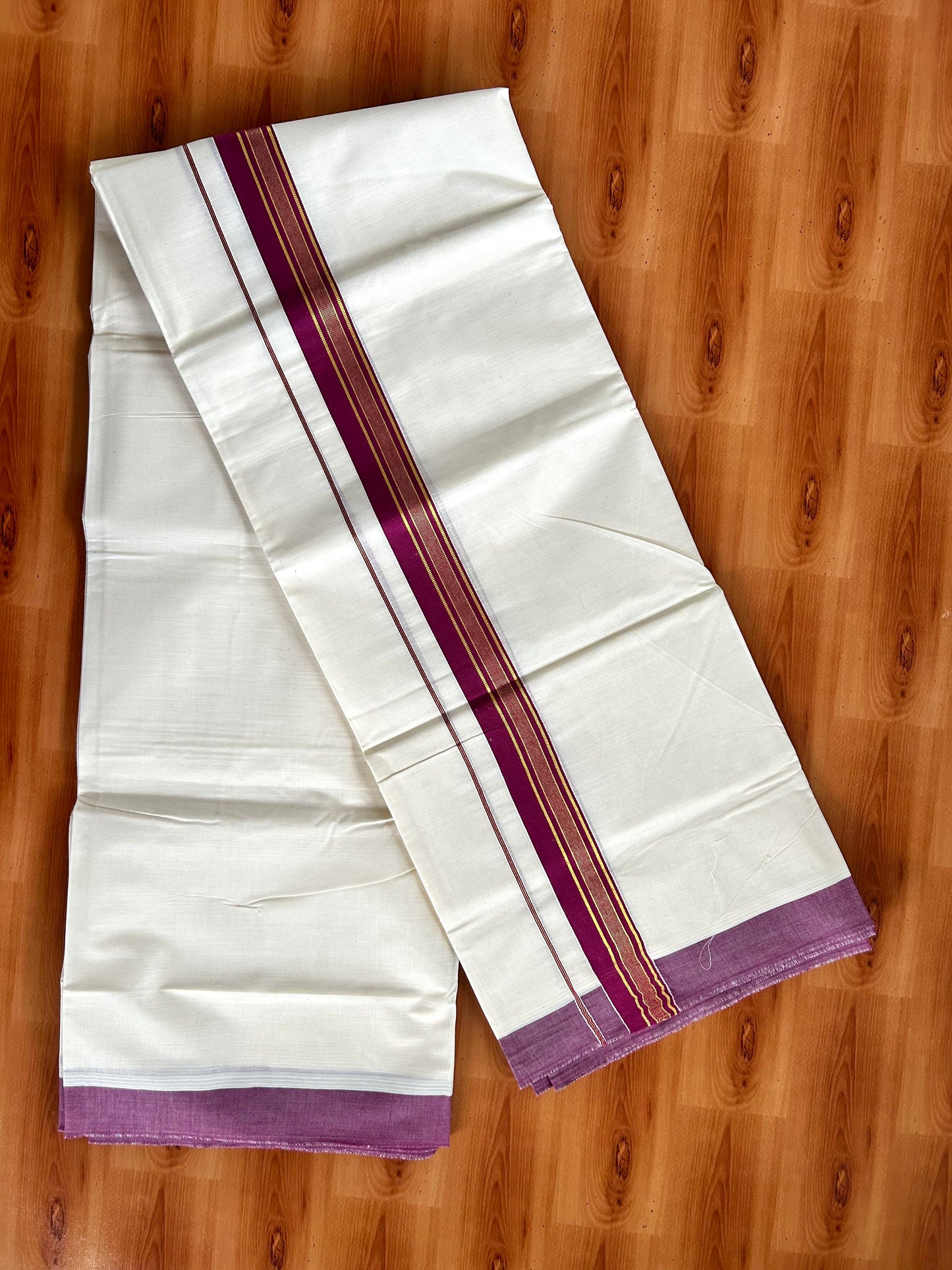 Double Off White Mundu/Dhoti- 20% Discount! KaithariKada Balaramapuram Pure Cotton - 80s - 1.5 inch Gold Striped Kasav & Wine Kara - 4mtr (8.5muzham) - 6 KK5421 VAS