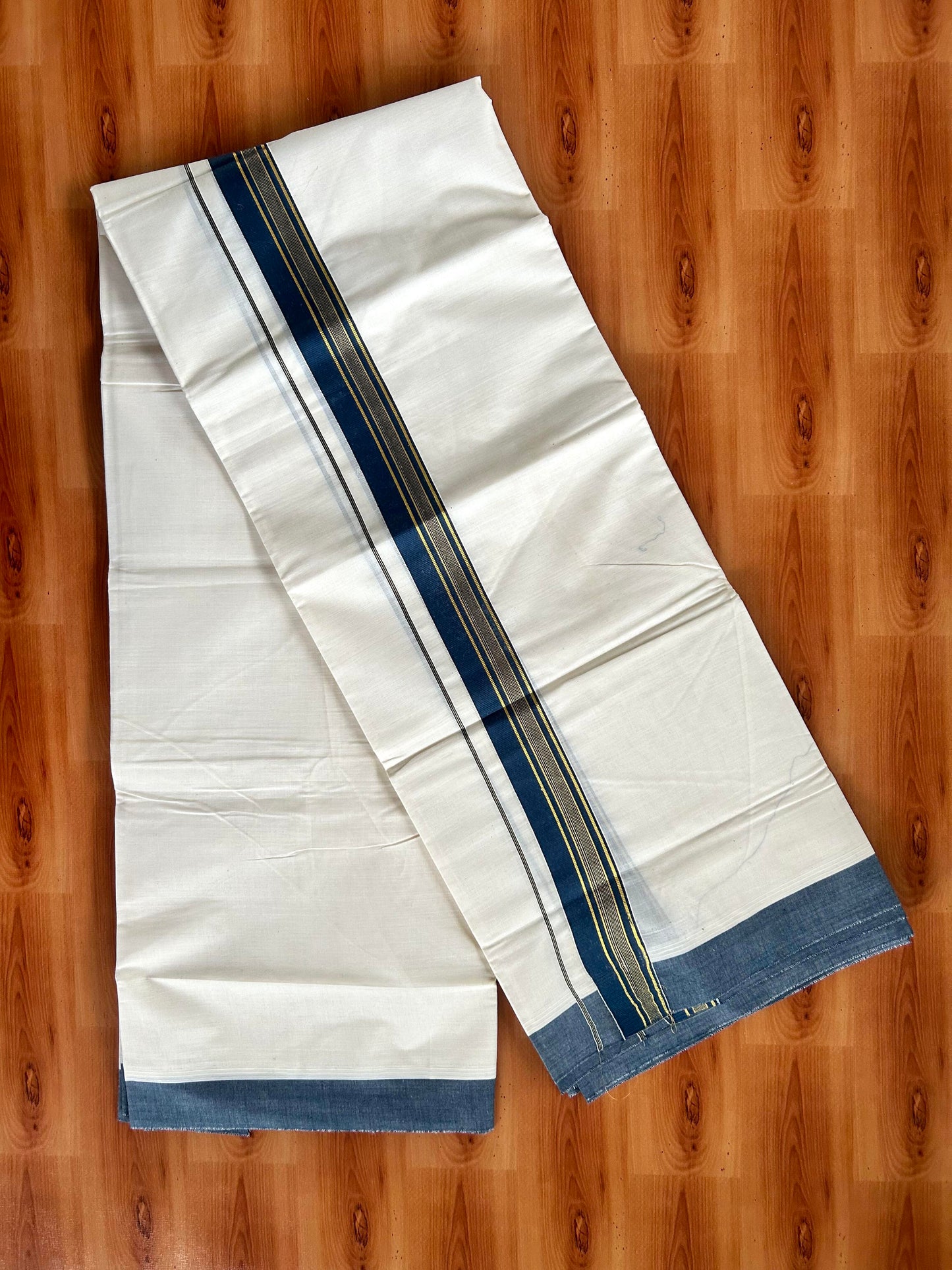Double Off White Mundu/Dhoti- 20% Discount! KaithariKada Balaramapuram Pure Cotton - 80s - 1.5 inch Gold Striped Kasav & Peacock Blue Kara - 4mtr (8.5muzham) - 2 KK5421 VAS
