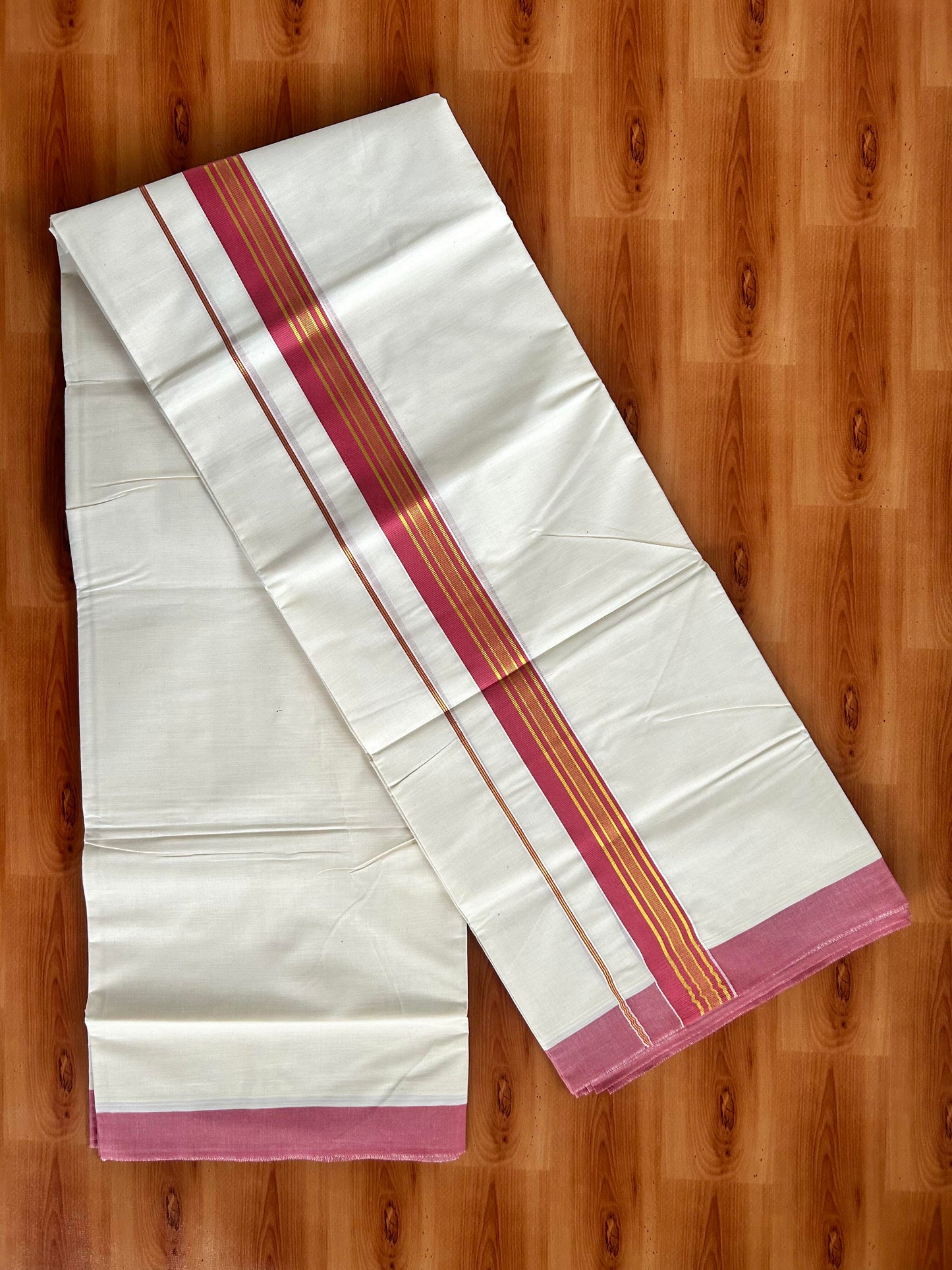 Double Off White Mundu/Dhoti- 20% Discount! KaithariKada Balaramapuram Pure Cotton - 80s - 1.5 inch Gold Striped Kasav & Dark Peach Kara - 4mtr (8.5muzham) - 8 KK5421 VAS