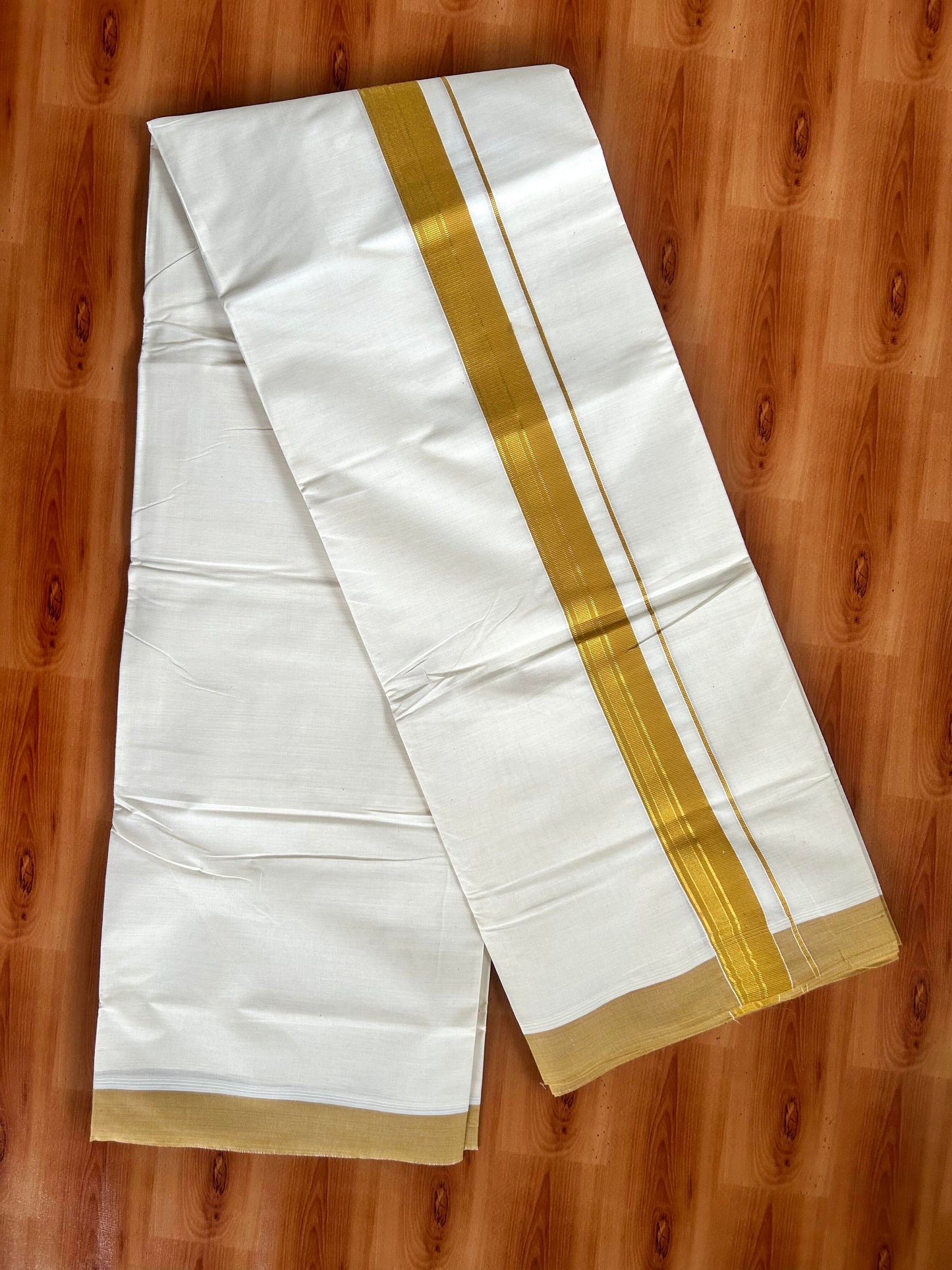 Double Off White Mundu/Dhoti- 20% Discount! KaithariKada Balaramapuram Pure Cotton - 80s - 1.5 inch Gold Striped Kasav & Mustard Yellow Kara - 4mtr (8.5muzham) - 7 KK5421 VAS