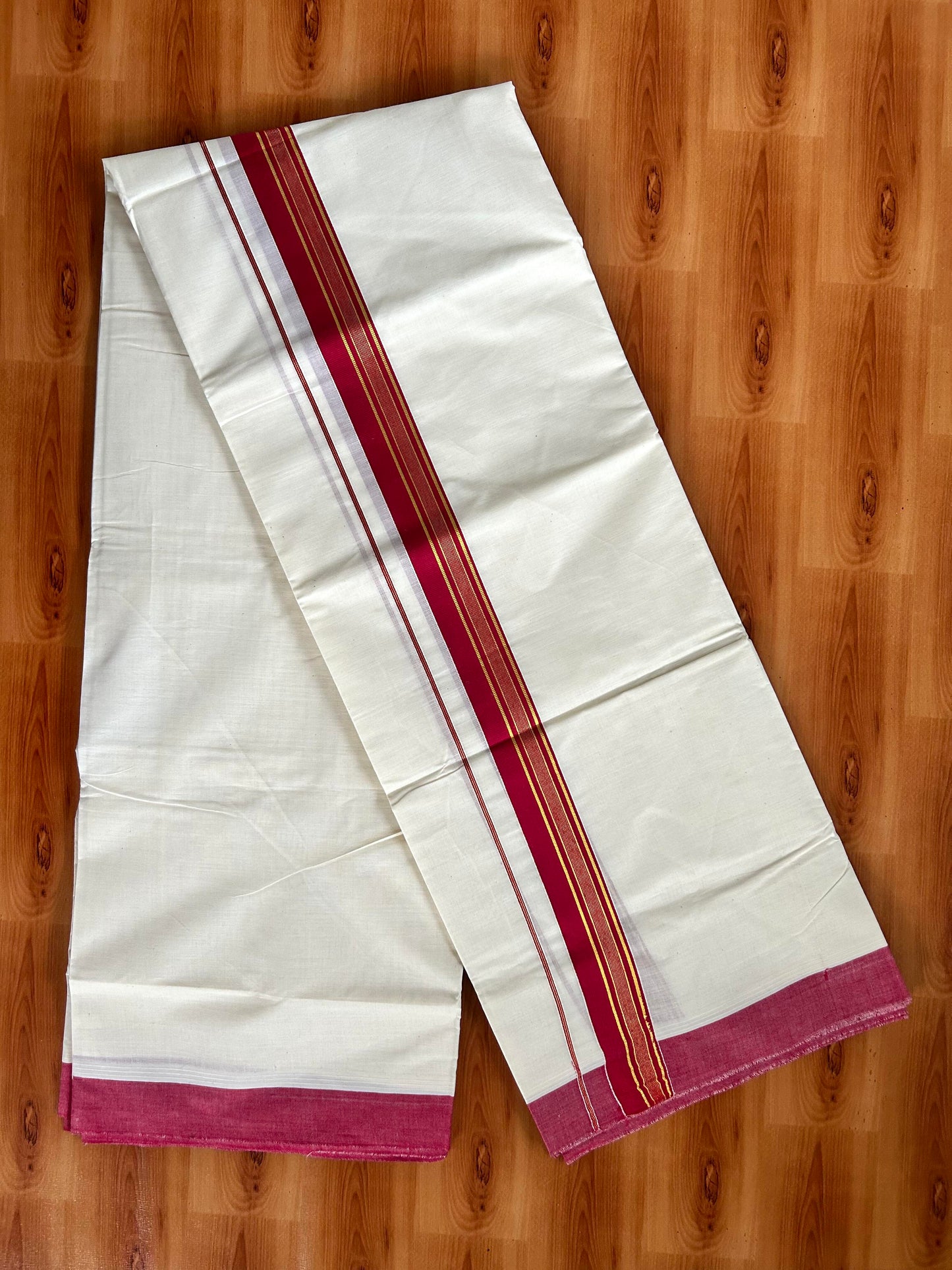 Double Off White Mundu/Dhoti- 20% Discount! KaithariKada Balaramapuram Pure Cotton - 80s - 1.5 inch Gold Striped Kasav & Maroon Red Kara - 4mtr (8.5muzham) - 1 KK5421 VAS
