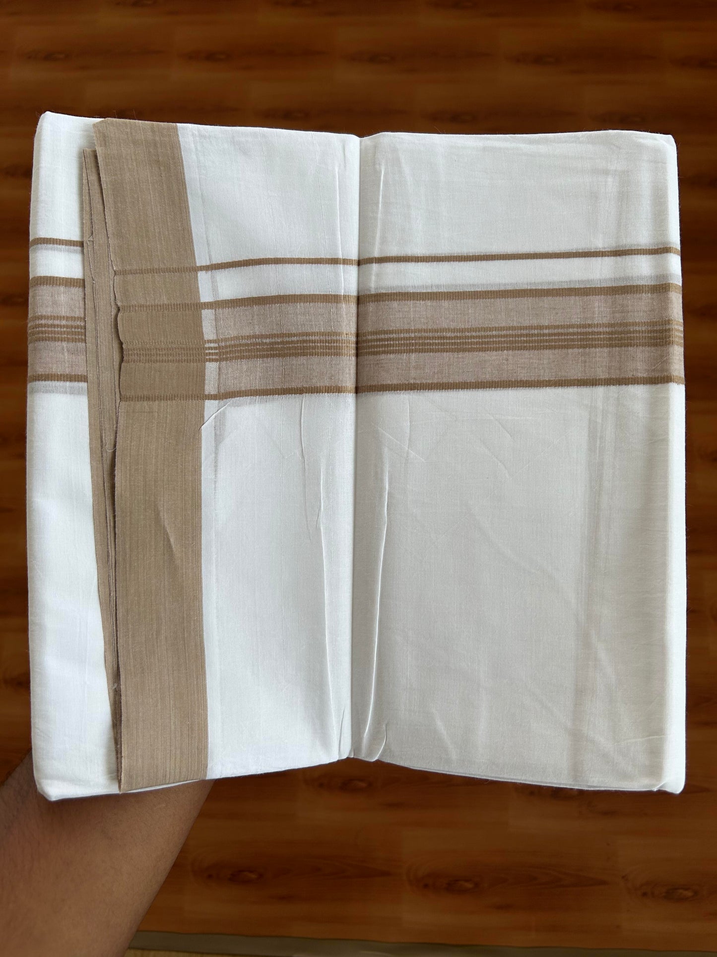 20% Discount ! KaithariKada Balaramapuram - 100% Pure Cotton Pure white Double Mundu / Dhothi 100x80 - 1.5 inch Camel Brown Shaded Kara 4.5 Meters (10 Muzham) - 15 KK5391 THI