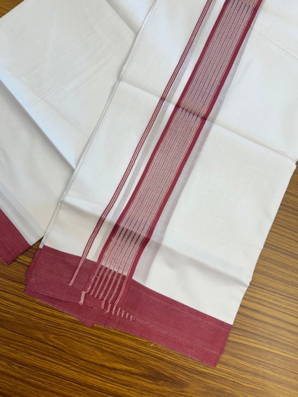 20% Discount ! KaithariKada Balaramapuram Double Pure White Mundu/Dhoti- 100x80 - 1.75 inch Maroon Shaded Silver Striped kara 3.90 Mtr (8 Muzham) - 7 KK5282 PMC