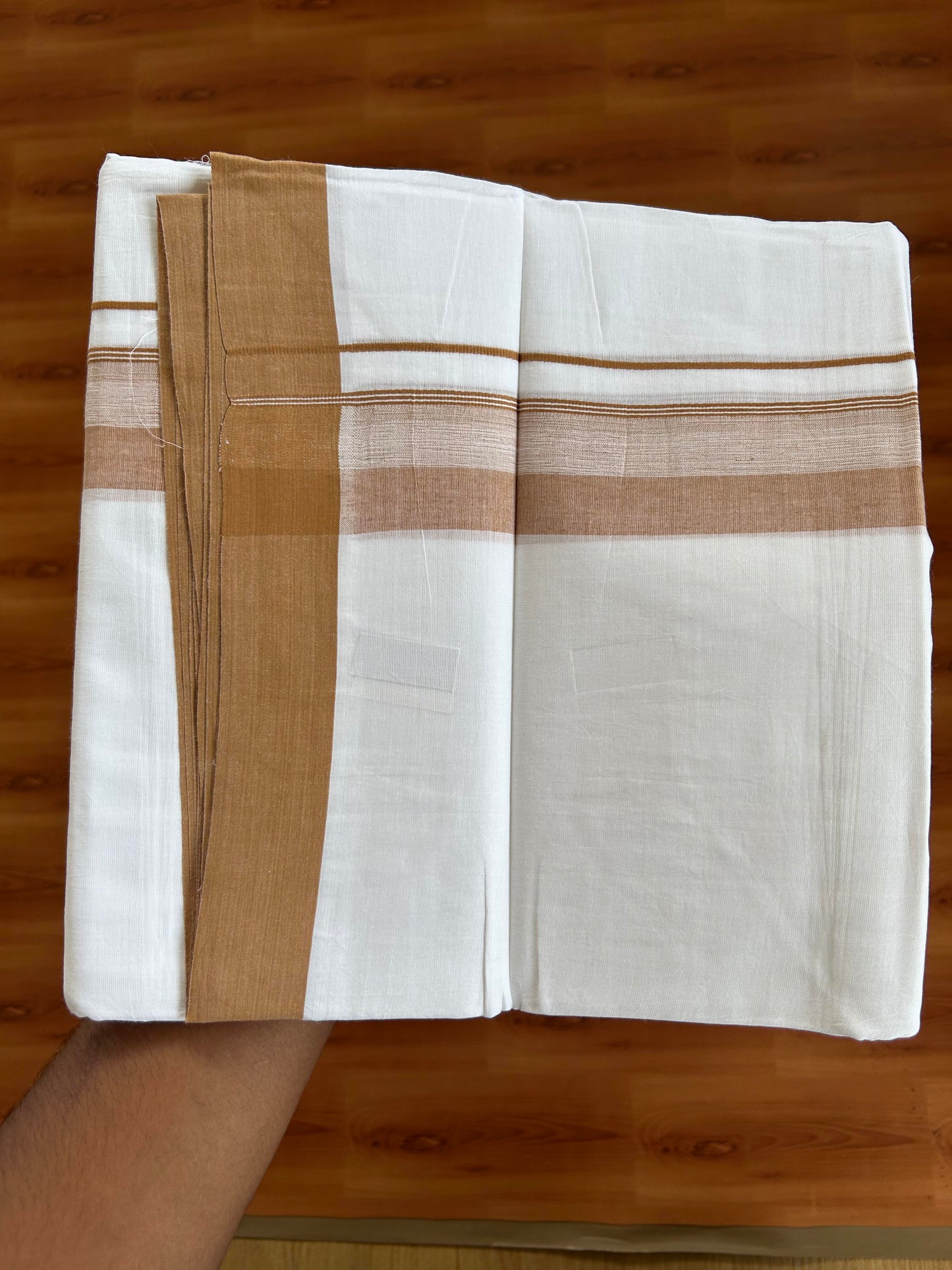 20% Discount ! KaithariKada Balaramapuram - 100% Pure Cotton Pure white Double Mundu / Dhothi 100x80 - 1.5 inch Cinnamon Brown Shaded Kara 4.5 Meters (10 Muzham) - 8 KK5391 THI