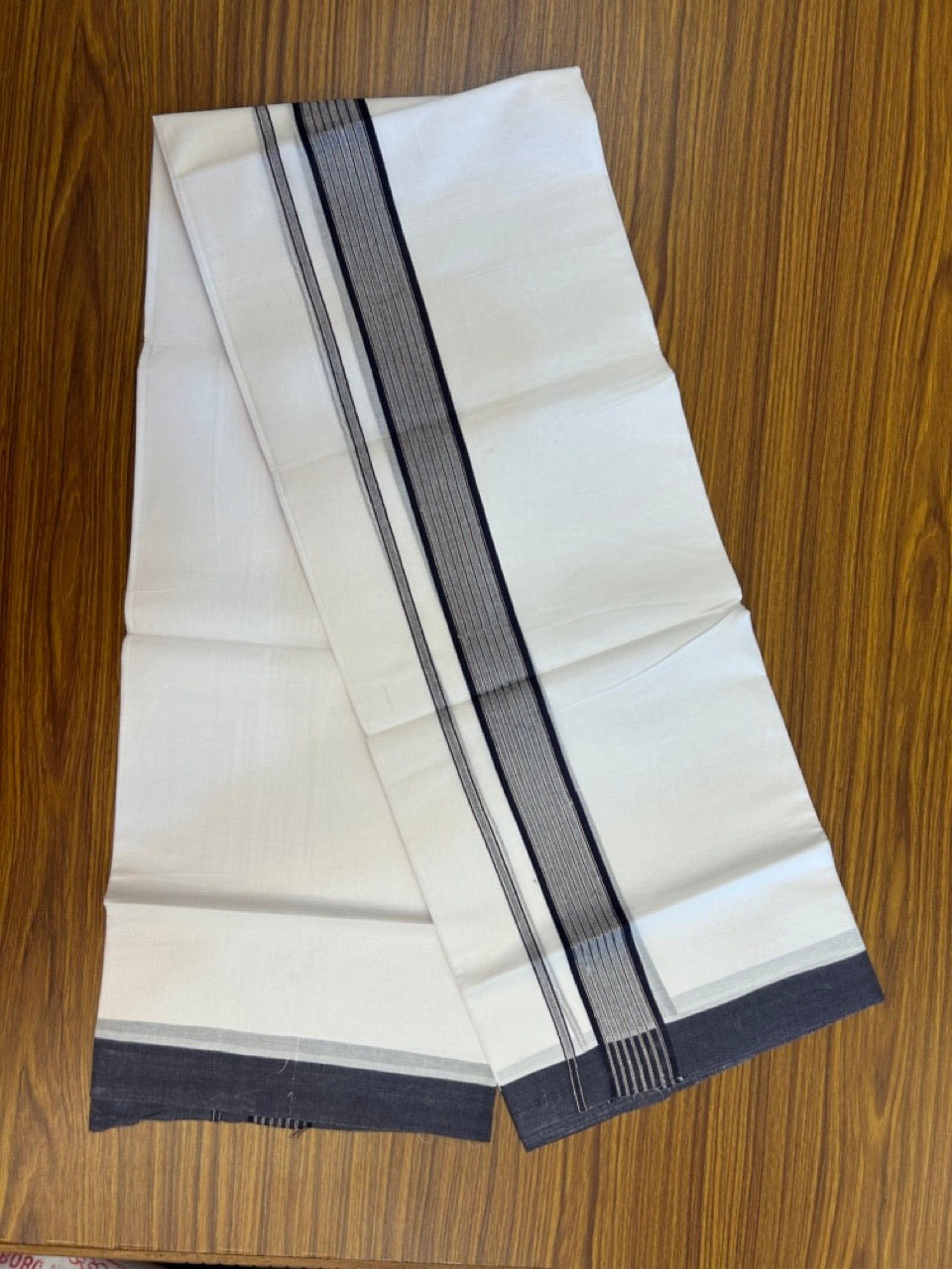 20% Discount ! KaithariKada Balaramapuram Double Pure White Mundu/Dhoti - 100x80 - 1.75 inch Navy Blue Shaded Silver Striped kara - 3.90 Mtr (8 Muzham) - 5 KK5282 PMC