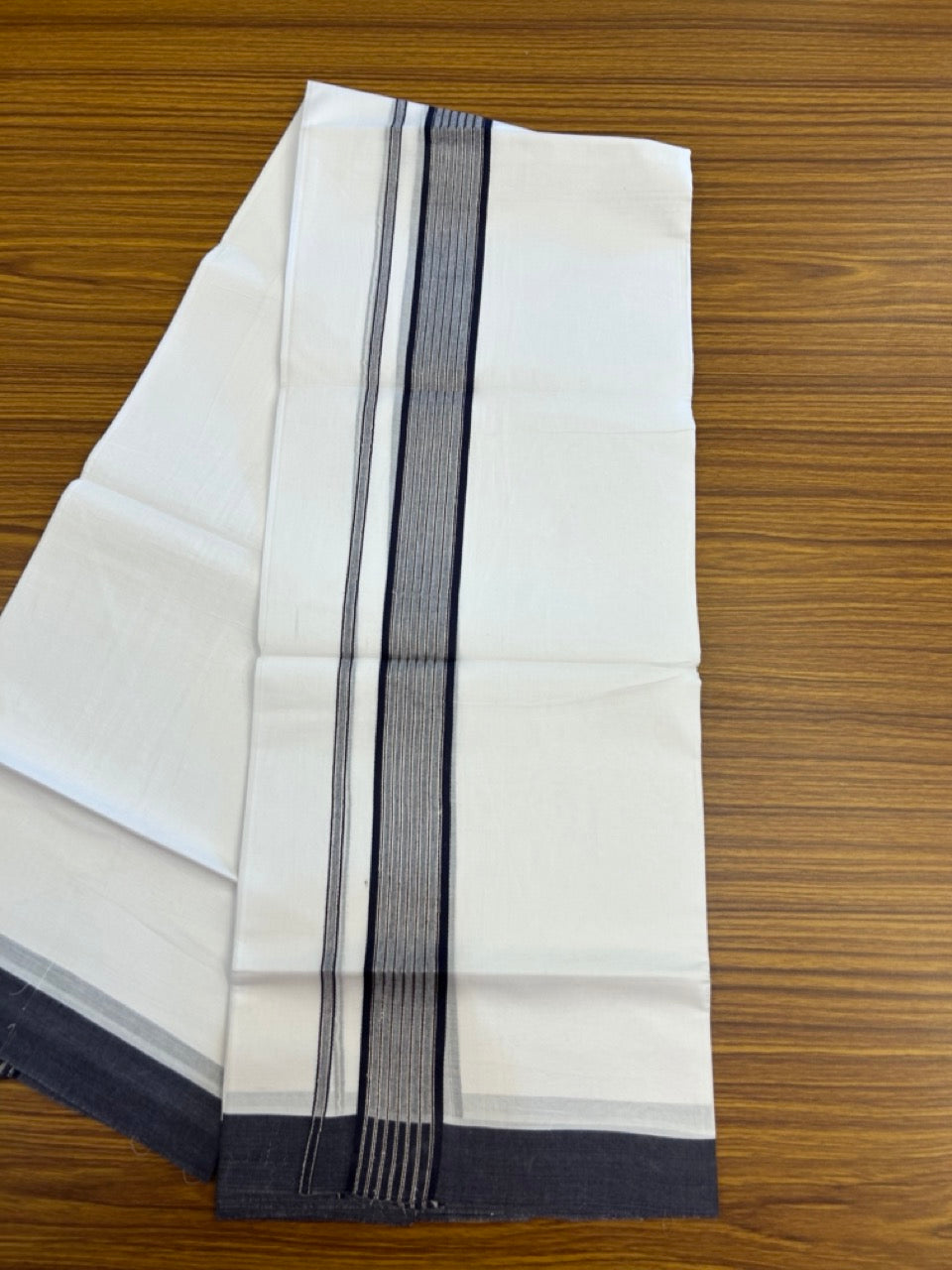 20% Discount ! KaithariKada Balaramapuram Double Pure White Mundu/Dhoti - 100x80 - 1.75 inch Navy Blue Shaded Silver Striped kara - 3.90 Mtr (8 Muzham) - 5 KK5282 PMC
