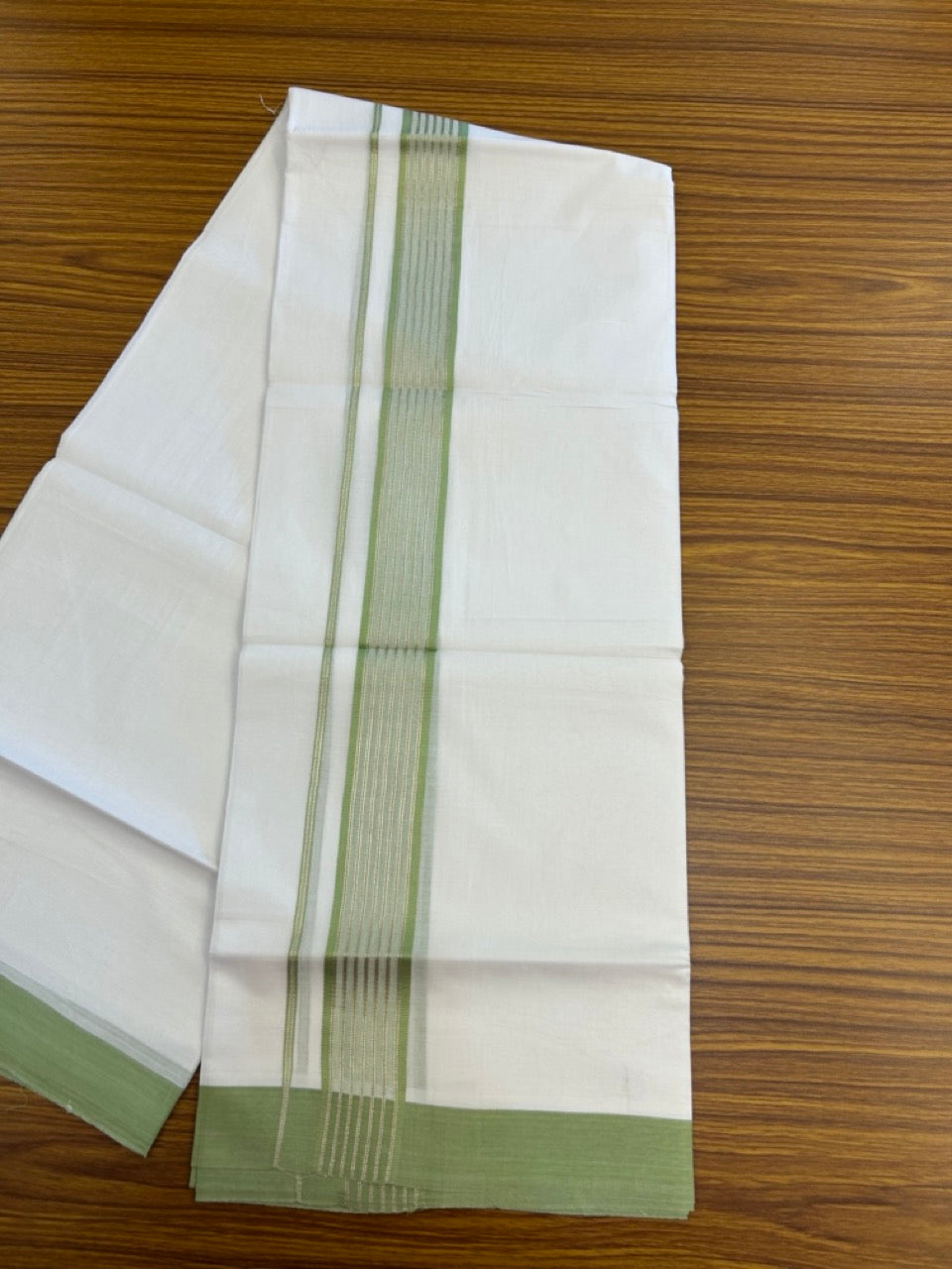 20% Discount ! KaithariKada Balaramapuram Double Pure White Mundu/Dhoti- 100x80 - 1.75 inch Pista Green Shaded Silver Striped kara 3.90 Mtr (8 Muzham) - 6 KK5282 PMC