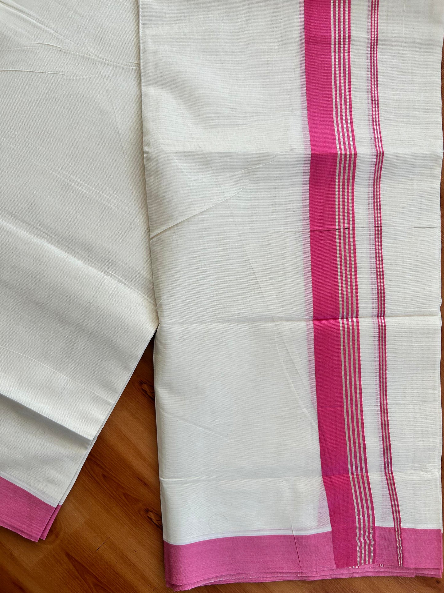 Double Off White Mundu/Dhoti- 20% Discount! KaithariKada Balaramapuram Pure Cotton - 80s - 1.5 inch Silver Kasav Striped & Rose Pink Kara - 4mtr (8.5muzham) - 5 KK5422 VAS