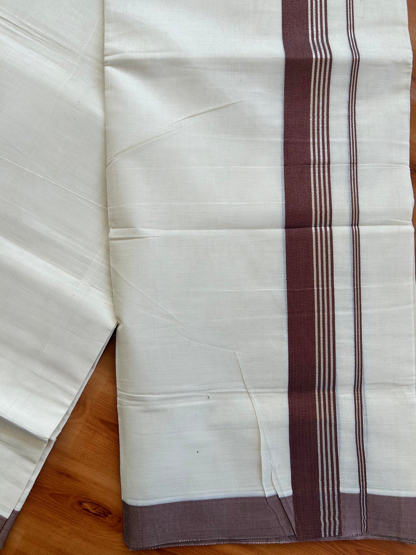 Double Off White Mundu/Dhoti- 20% Discount! KaithariKada Balaramapuram Pure Cotton - 80s - 1.5 inch Silver Kasav Striped & Brown Kara - 4mtr (8.5muzham) - 4 KK5422 VAS