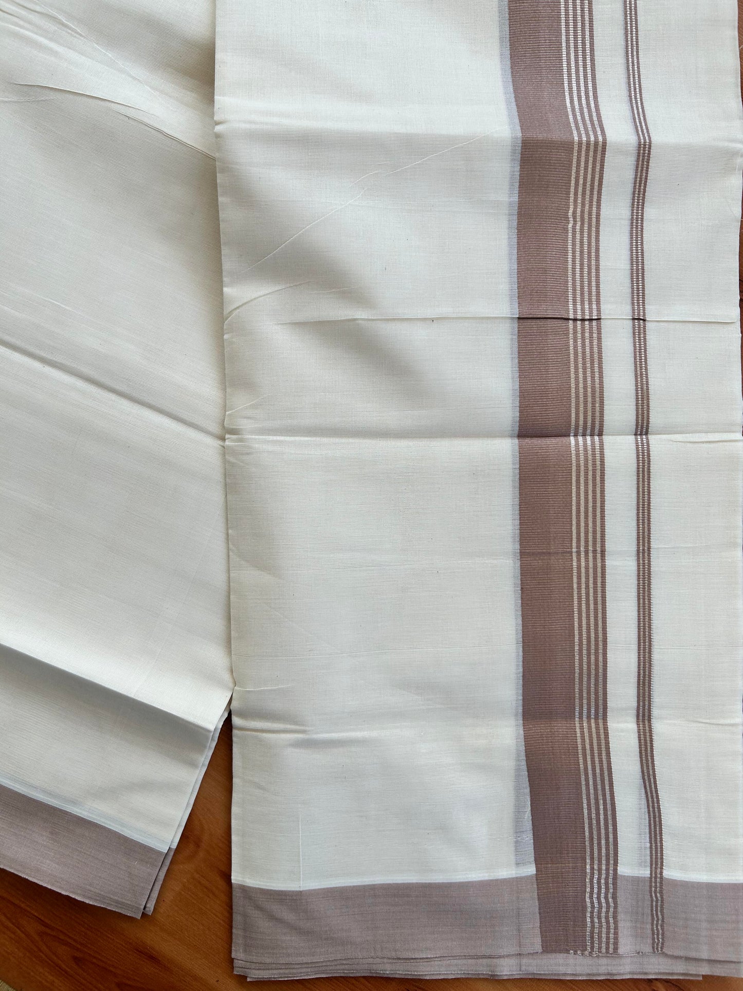 Double Off White Mundu/Dhoti- 20% Discount! KaithariKada Balaramapuram Pure Cotton - 80s - 1.5 inch Silver Kasav Striped & Yellowish Brown Kara - 4mtr (8.5muzham) - 14 KK5422 VAS