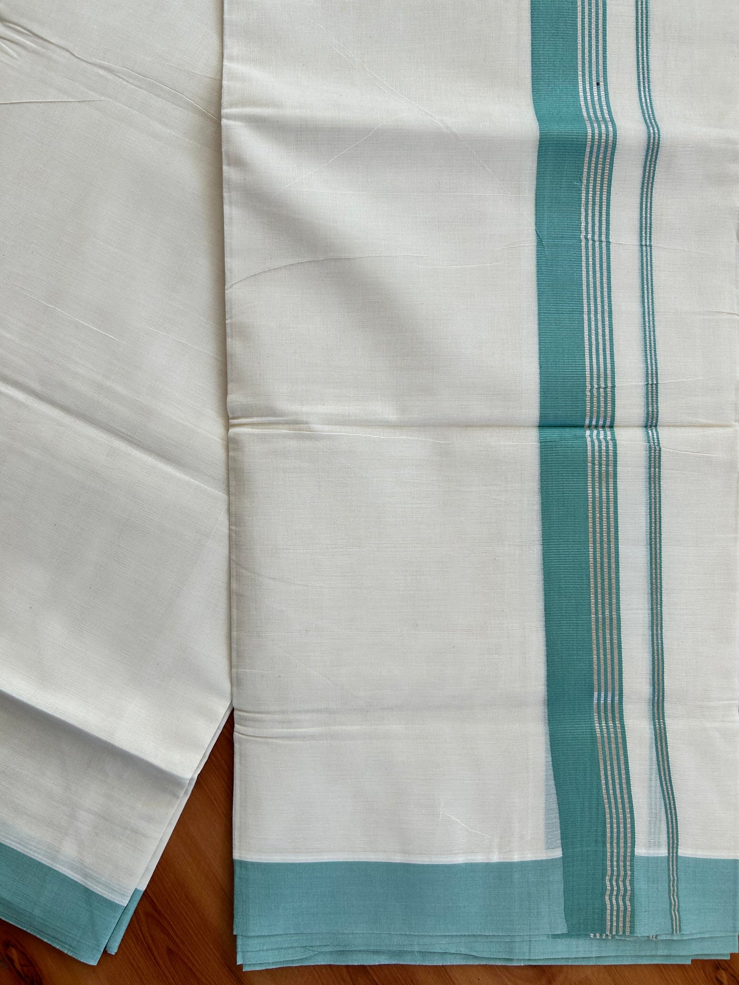 Double Off White Mundu/Dhoti- 20% Discount! KaithariKada Balaramapuram Pure Cotton - 80s - 1.5 inch Silver Kasav Striped & Teal Green Kara - 4mtr (8.5muzham) - 1 KK5422 VAS