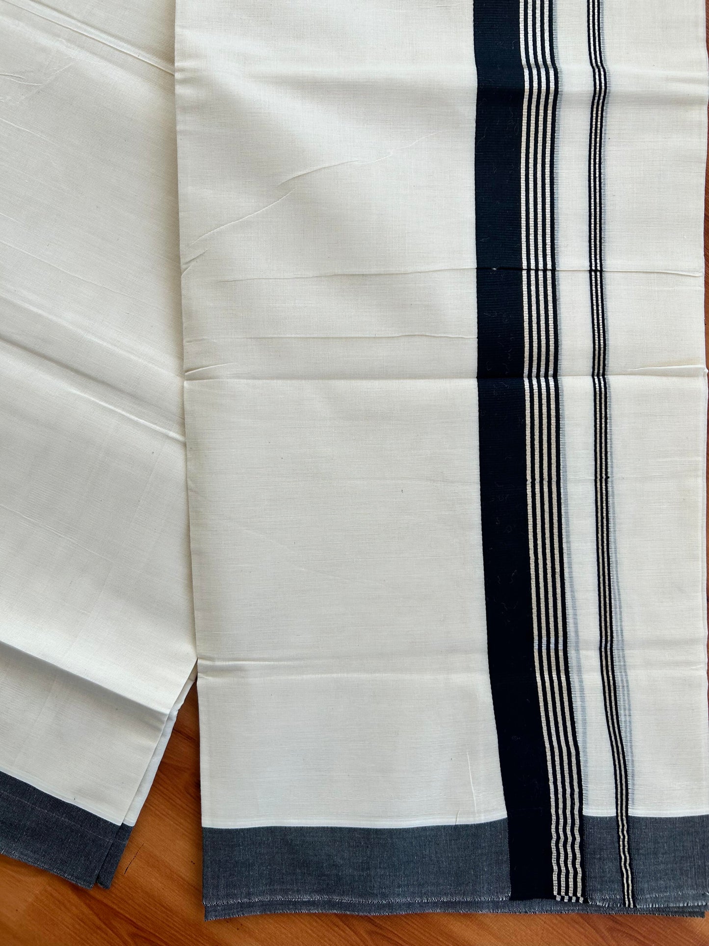 Double Off White Mundu/Dhoti- 20% Discount! KaithariKada Balaramapuram Pure Cotton - 80s - 2 inch Silver Kasav Striped & Black Kara - 4mtr (8.5muzham) - 10 KK5422 VAS