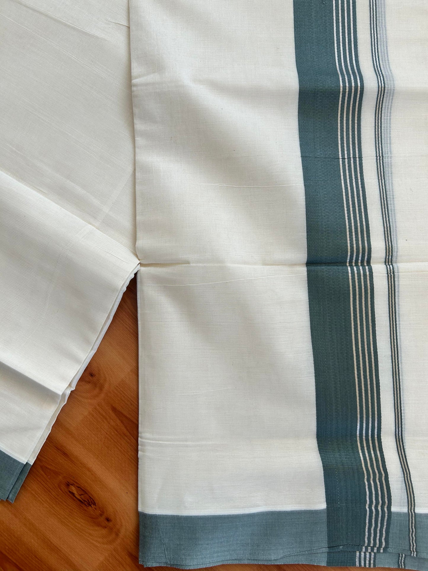Double Off White Mundu/Dhoti- 20% Discount! KaithariKada Balaramapuram Pure Cotton - 80s - 2 inch Silver Kasav Striped & Vogue Green Kara - 4mtr (8.5muzham) - 8 KK5422 VAS