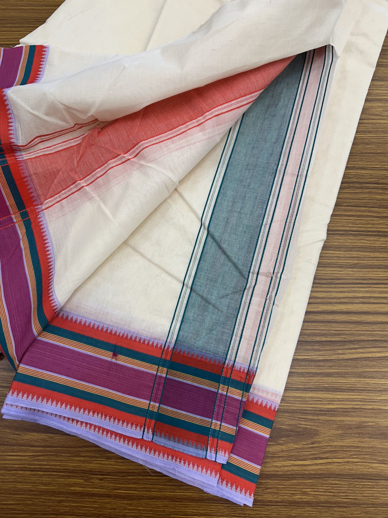 Panchakacham Dhoti - 37% Discount! Kaitharikada 100% Cotton Off White - (Unbleached) - Pure Cotton -100x100 thread - North Indian - Attached Gamcha - 9X5 - Dhoti Red Pink kara with Multi colour Striped border - 20 KK5323 PMC