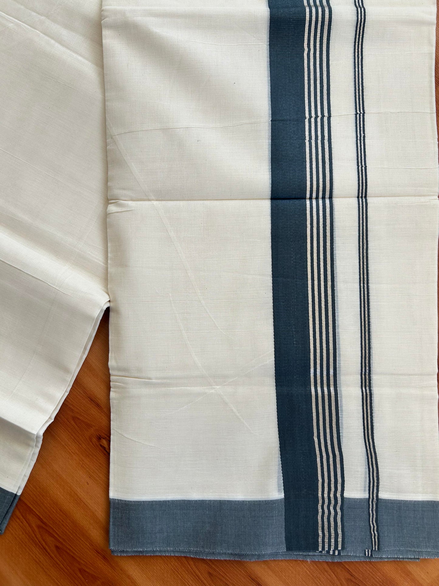 Double Off White Mundu/Dhoti- 20% Discount! KaithariKada Balaramapuram Pure Cotton - 80s - 1.5 inch Silver Kasav Striped & Charcoal Grey Kara - 4mtr (8.5muzham) - 12 KK5422 VAS