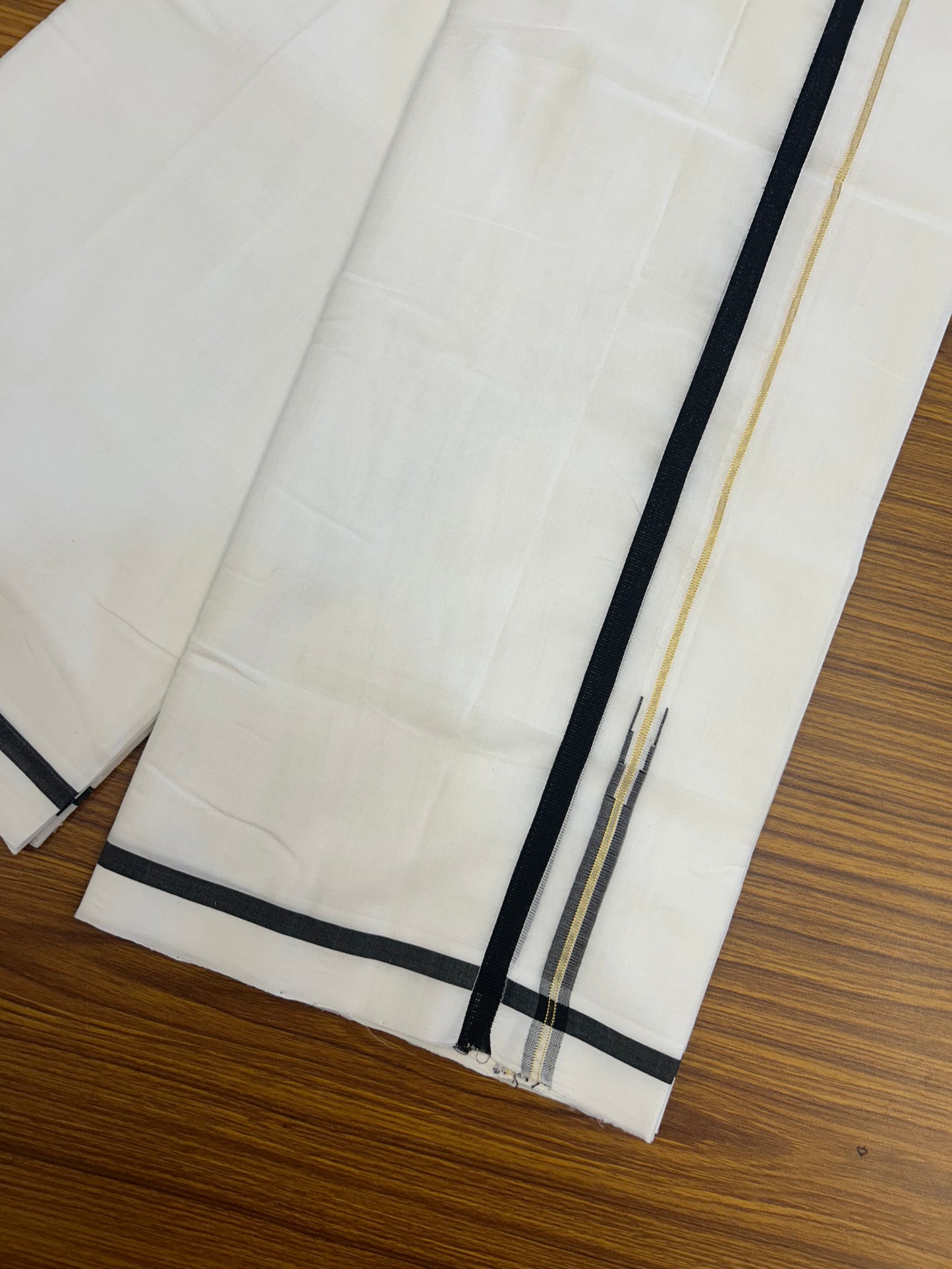 25% Discount!! New Ultra Pure White Thread Handloom - Kerala Handloom - 100% Mercerised Cotton Double Mundu/Dhoti - 120 twisted warp x 80s weft - 1 cm Pure Jerry Gold Kasav & Black Puliyilakkara Chutty 3.80 mtr ( 8 Muzham) - 71 KK5353 REA