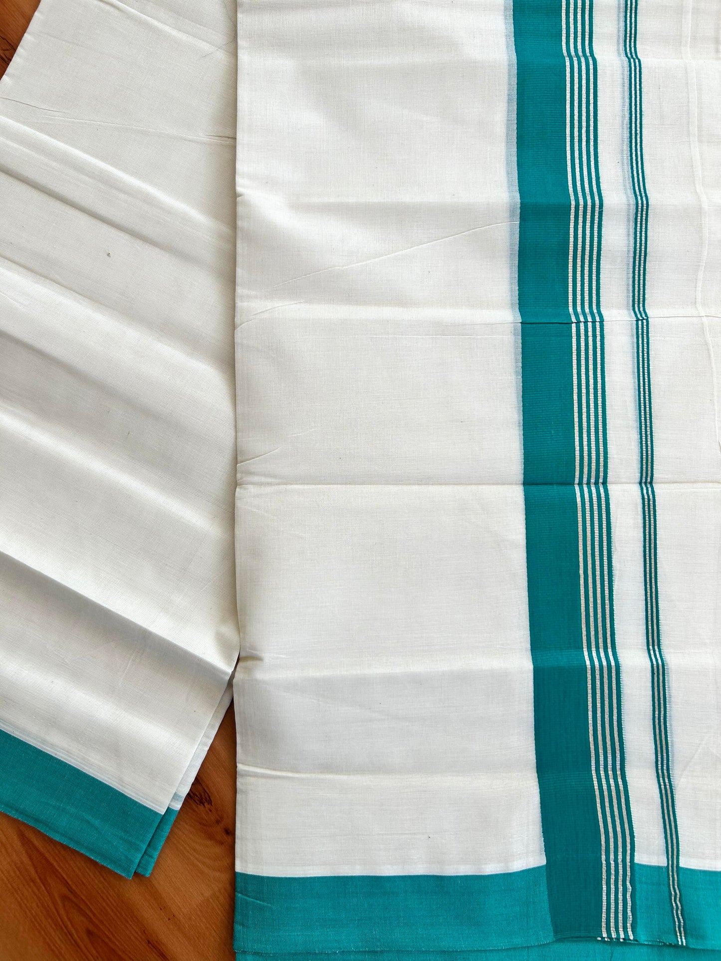 Double Off White Mundu/Dhoti- 20% Discount! KaithariKada Balaramapuram Pure Cotton - 80s - 2 inch Silver Kasav Striped & Light Green Kara - 4mtr (8.5muzham) - 9 KK5422 VAS