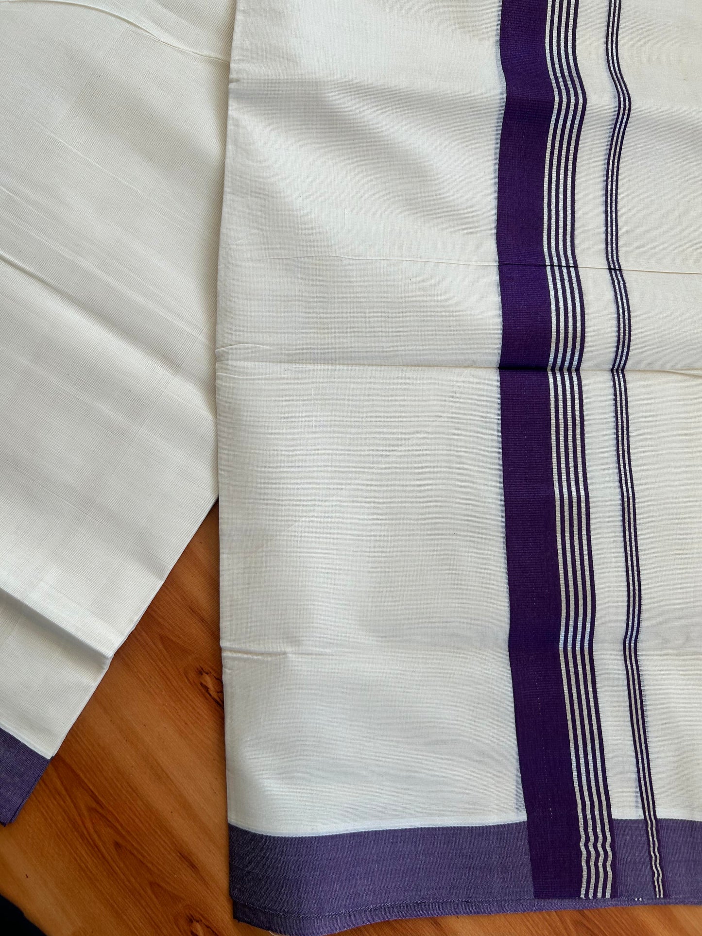 Double Off White Mundu/Dhoti- 20% Discount! KaithariKada Balaramapuram Pure Cotton - 80s - 1.5 inch Silver Kasav Striped & Dark Violet Kara - 4mtr (8.5muzham) - 3 KK5422 VAS