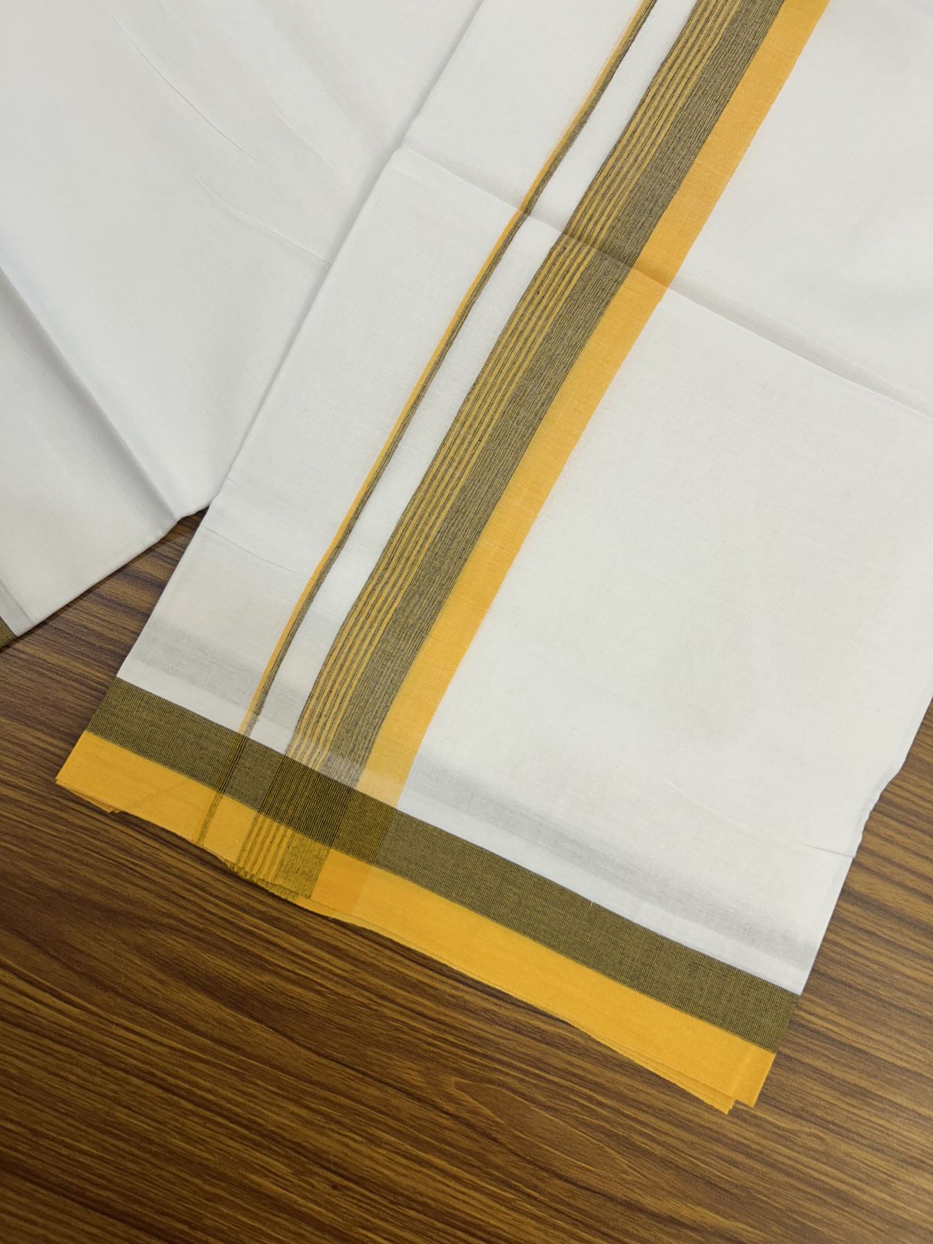 20% Discount ! Kaitharikada Balaramapuram 100% Cotton Pure White Double Mundu/Dothi - 100x80 - 1.5 inch Light Orange & Black Striped Kara 3.80 mtr (8 muzham) - 11 KK5323 VAS