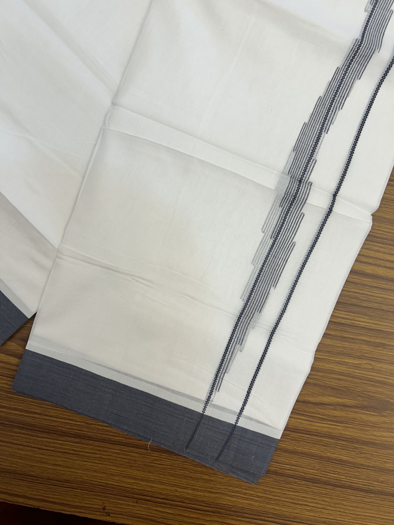 20% Discount ! Kaitharikada Balaramapuram 100% Cotton Pure White Double Mundu/Dothi - 100x80 - 0.75 inch Ash Blue Jacquard Stripes Design Kara 3.80 mtr (8 muzham) - 15 KK5323 THI