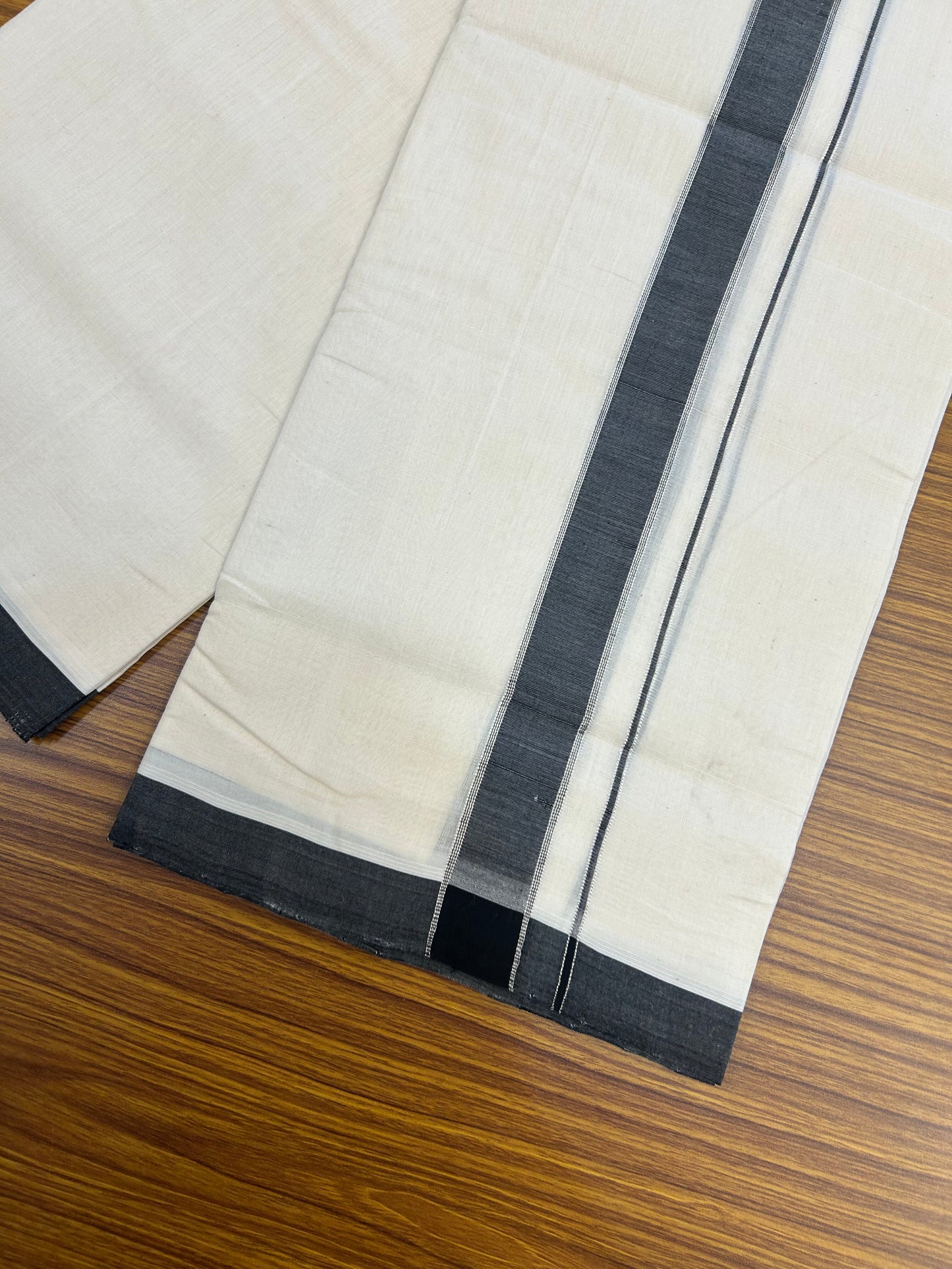 Short Dhoti Special! 25% Discount!! KaithariKada Handloom Unakkupaav - Kerala Handloom - 100% Pure Cotton Off White (Unbleached) Double Mundu/Dothi - 100x80 - 46 inches Height 1 inch Silver Kasav & Black Shaded Kara 3.70 mtr (8 muzham) - 37 KK5353 REA