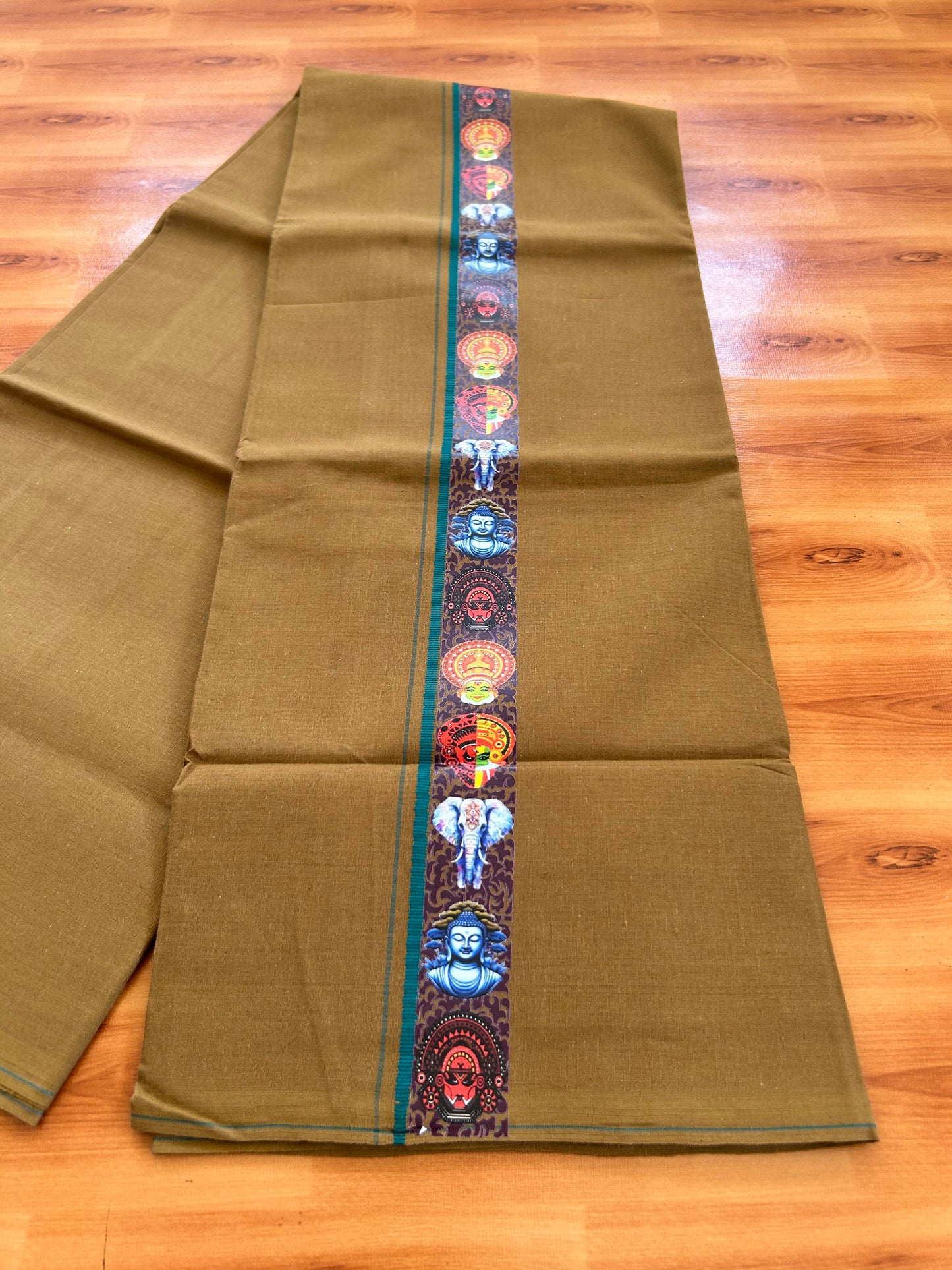 Single Kaily / Lungi- 20% Discount !! Kaitharikada - Pure Cotton - (40s) - 0.5 cm Green Kara Multi Printed Design Kara with Brown colour Body (2 meter / 4 muzham) - 49 KK8062 GAN